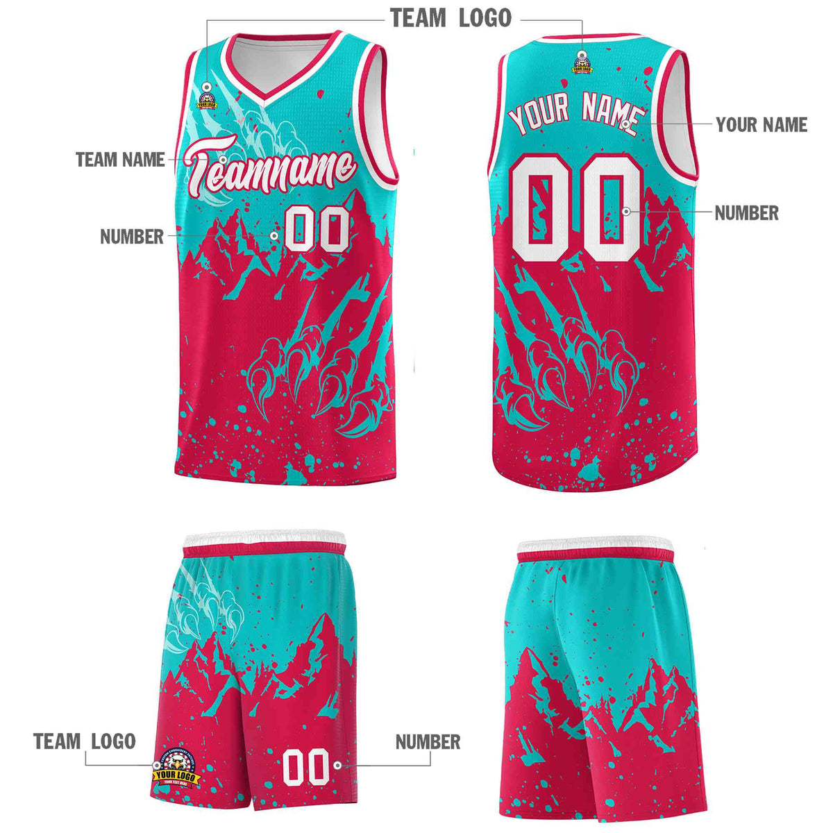 Custom Aqua Red Snow Mountain Beast Pattern Sports Uniform Basketball Jersey