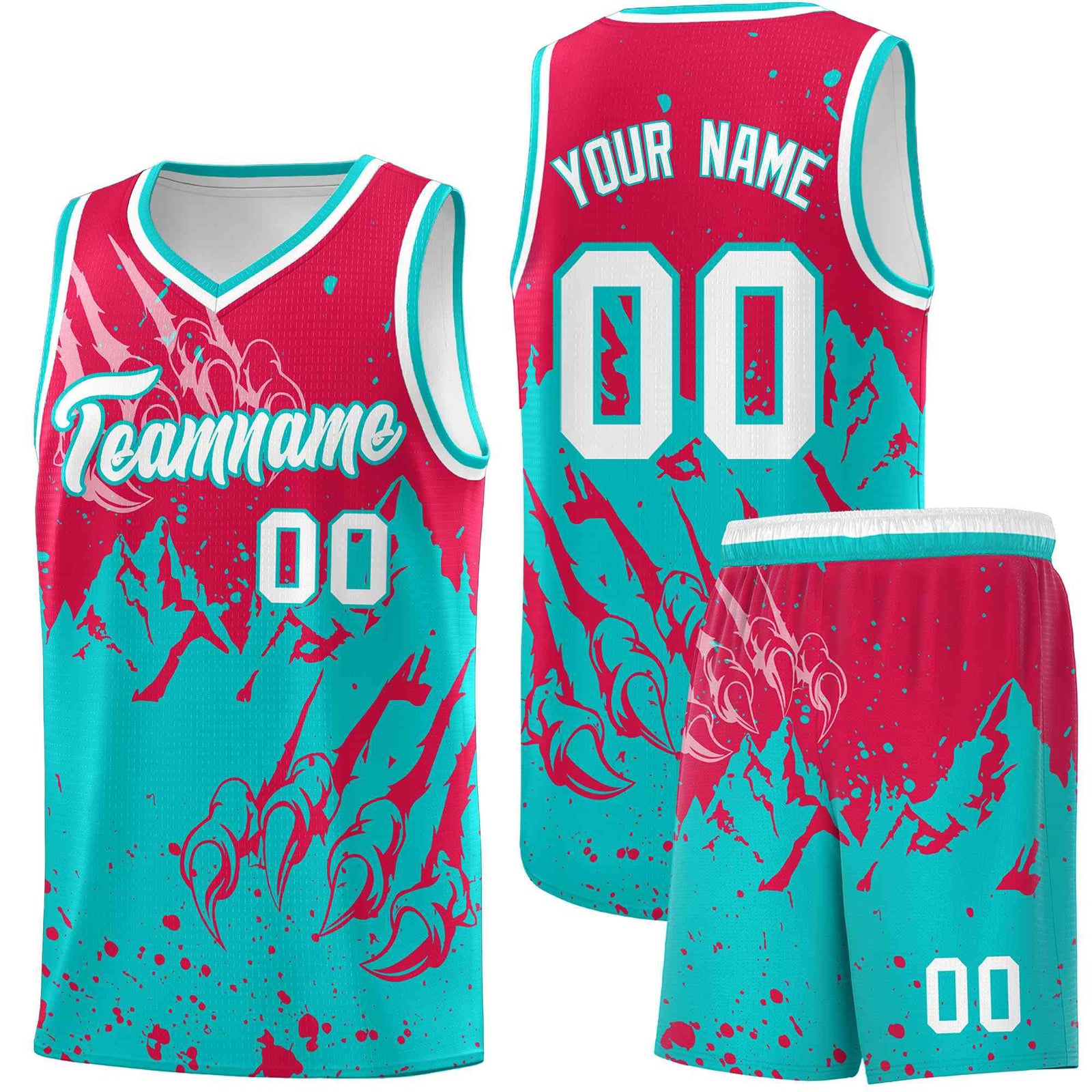 Custom Red Aqua Snow Mountain Beast Pattern Sports Uniform Basketball Jersey