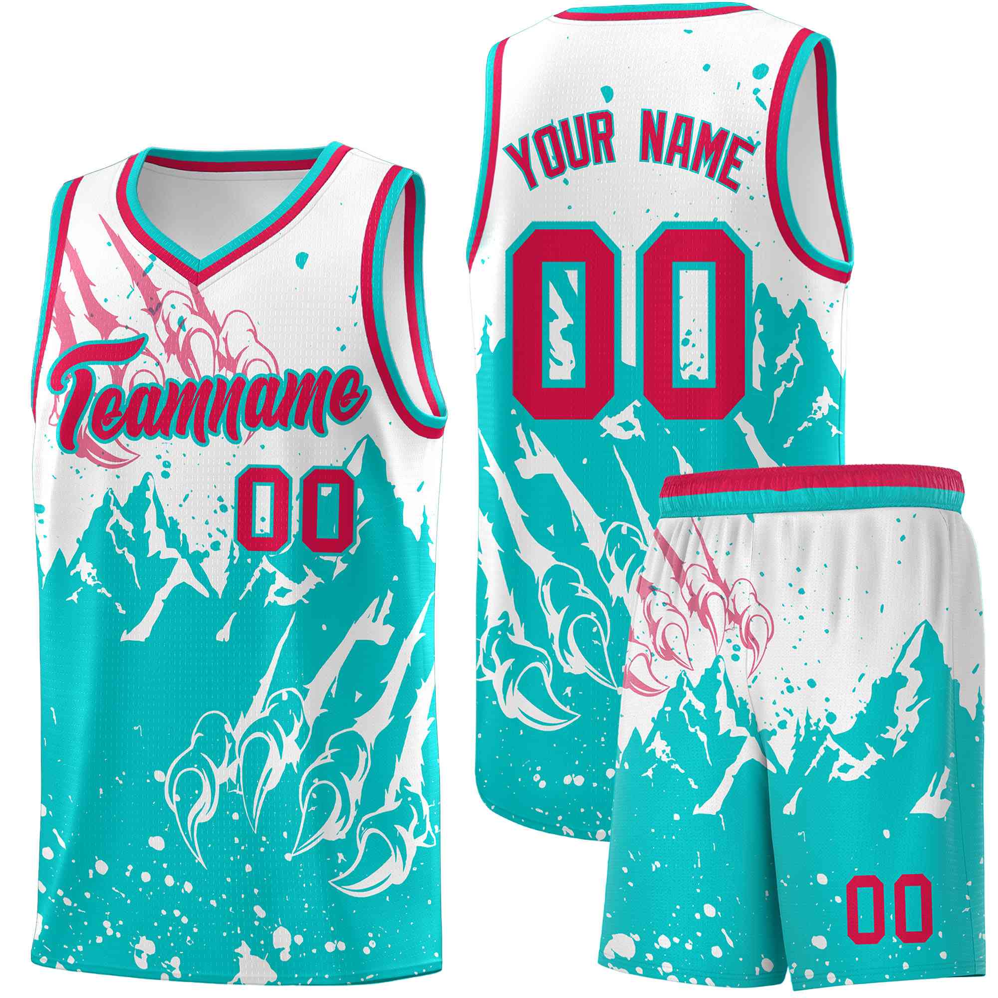 Custom White Aqua Snow Mountain Beast Pattern Sports Uniform Basketball Jersey