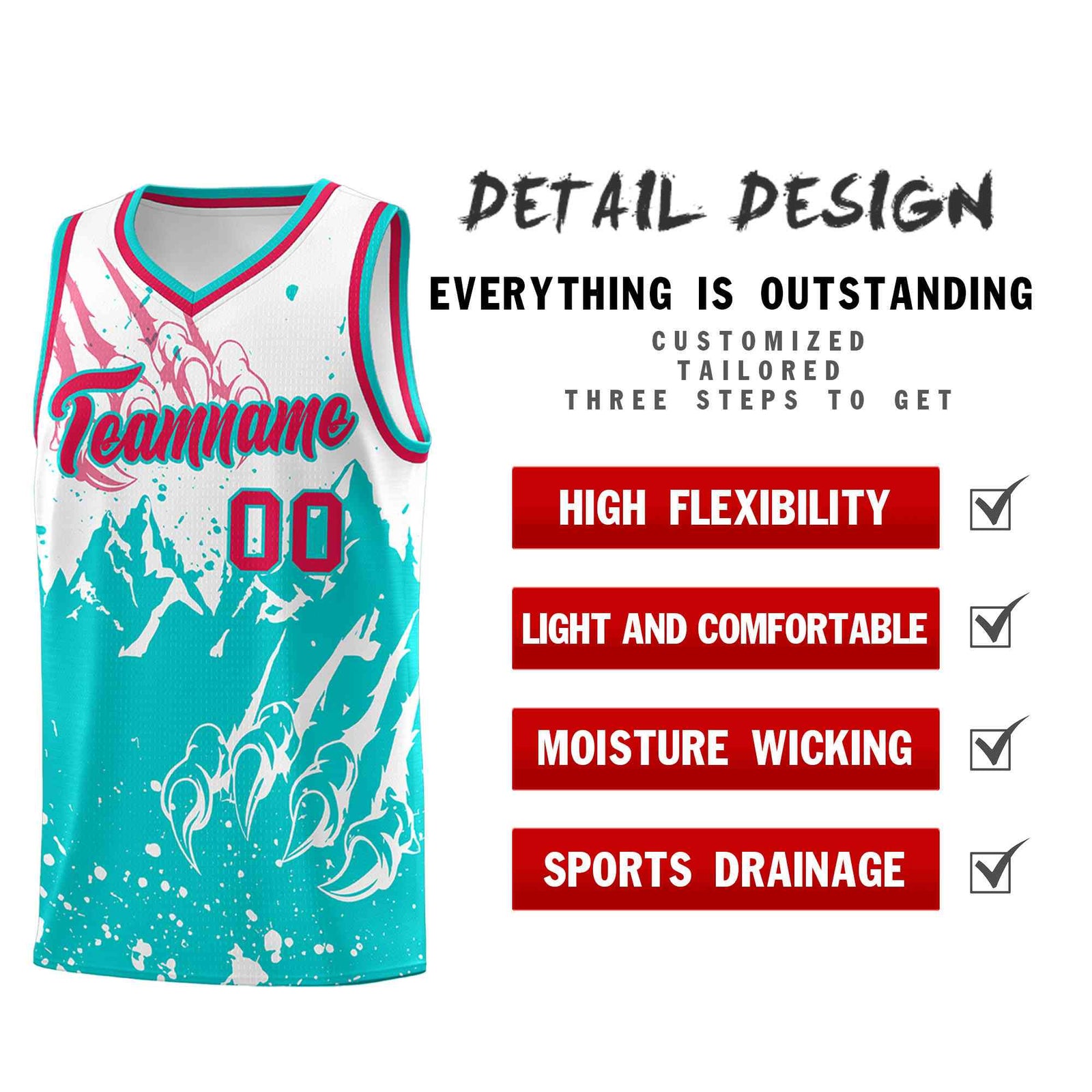 Custom White Aqua Snow Mountain Beast Pattern Sports Uniform Basketball Jersey