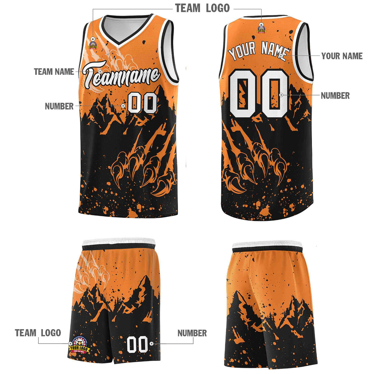 Custom Gold Orange Black Snow Mountain Beast Pattern Sports Uniform Basketball Jersey