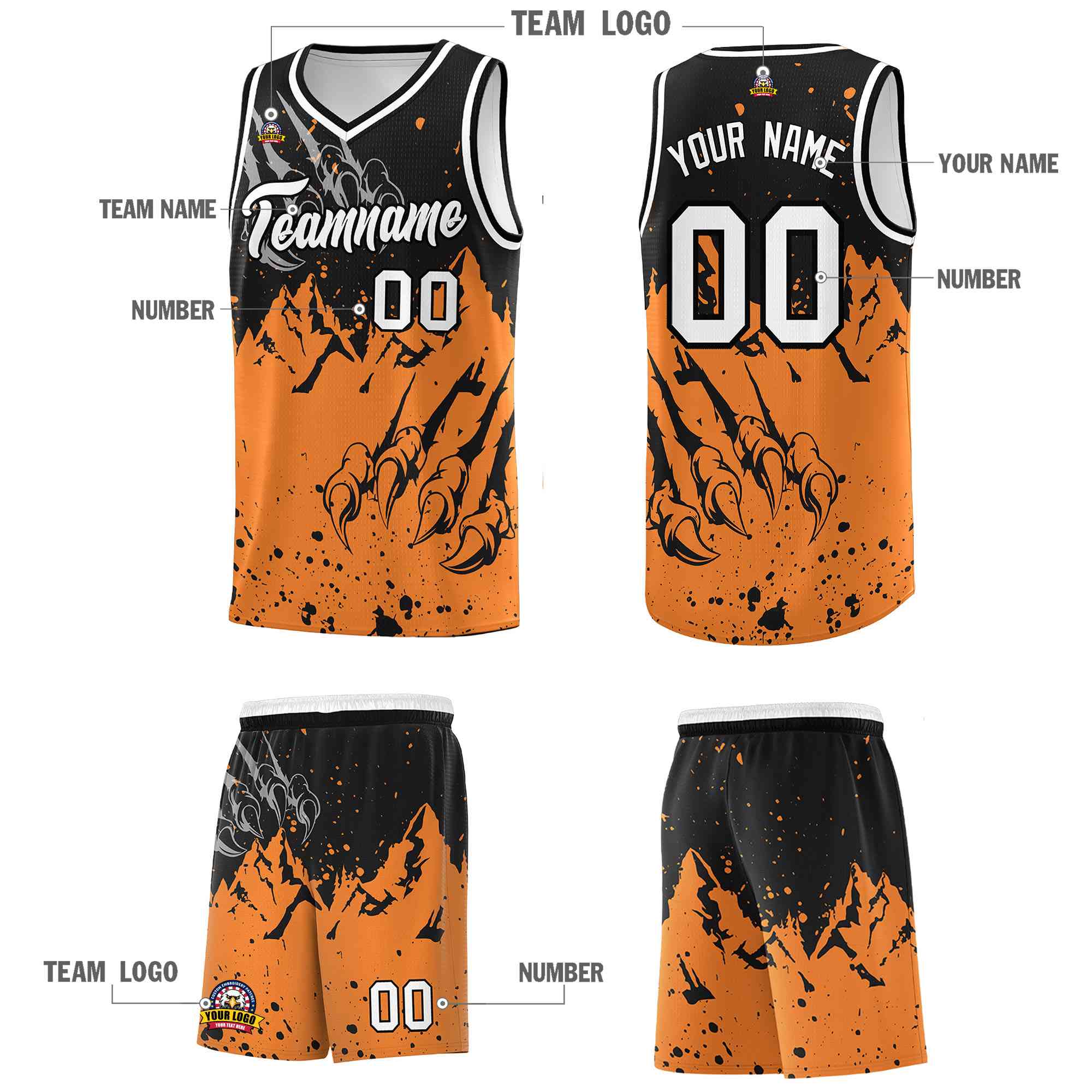 Custom Black Gold Orange Snow Mountain Beast Pattern Sports Uniform Basketball Jersey