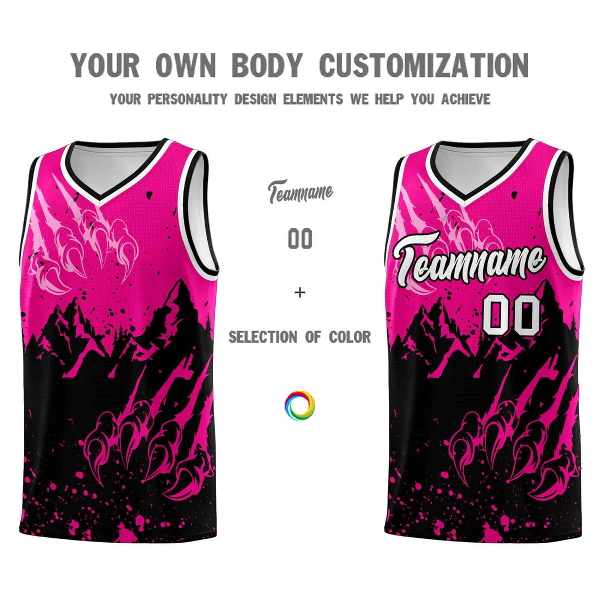 Custom Pink Black Snow Mountain Beast Pattern Sports Uniform Basketball Jersey