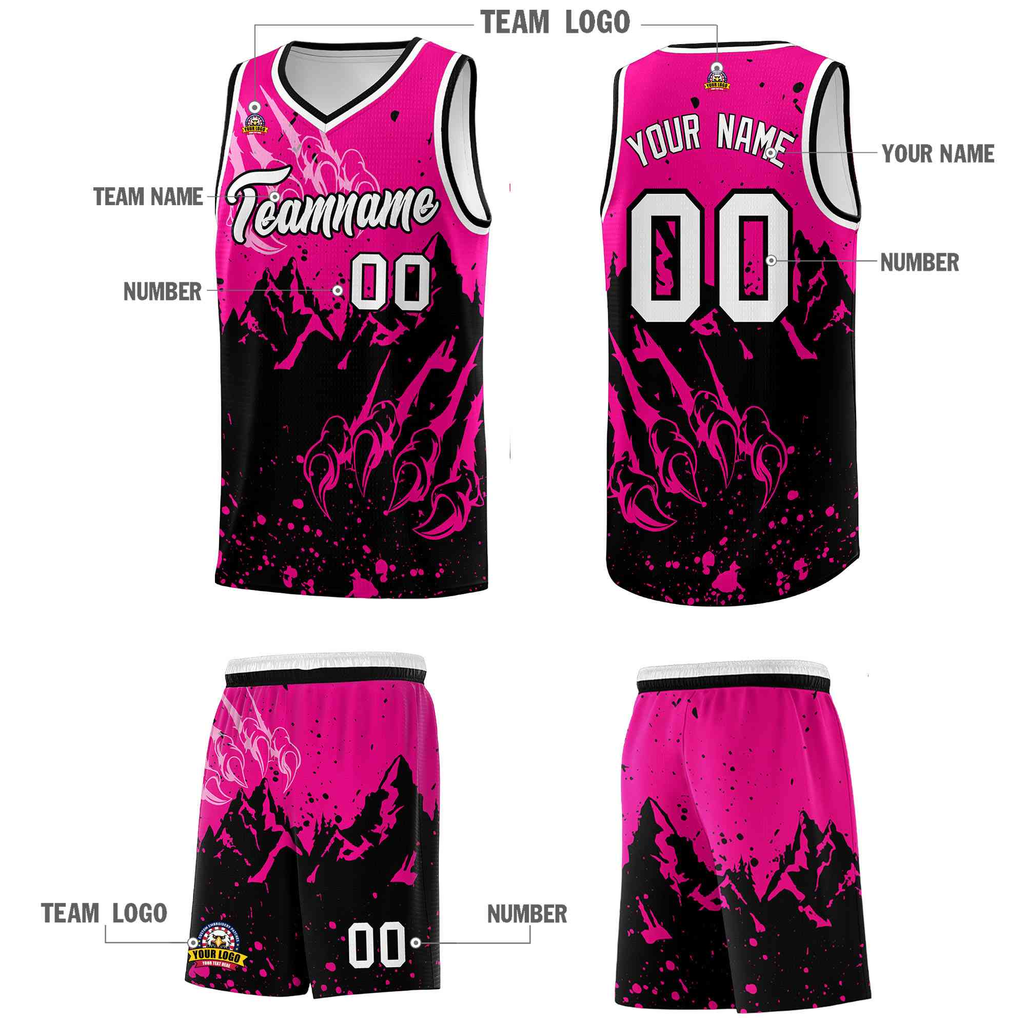 Custom Pink Black Snow Mountain Beast Pattern Sports Uniform Basketball Jersey