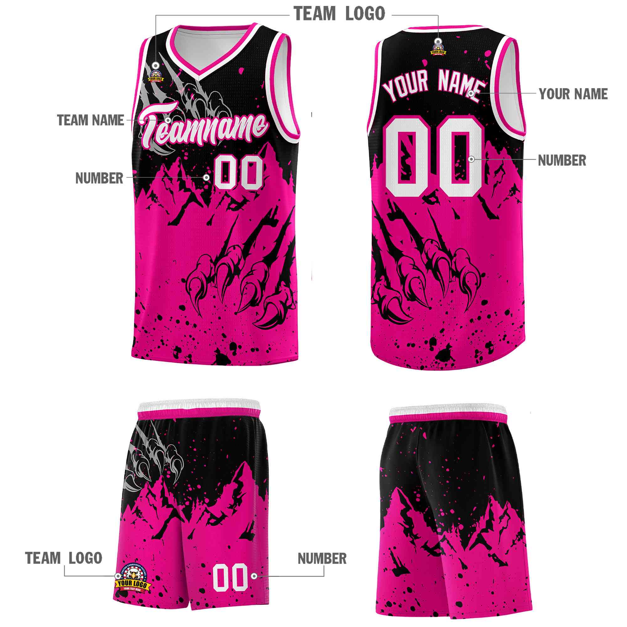 Custom Black Pink Snow Mountain Beast Pattern Sports Uniform Basketball Jersey