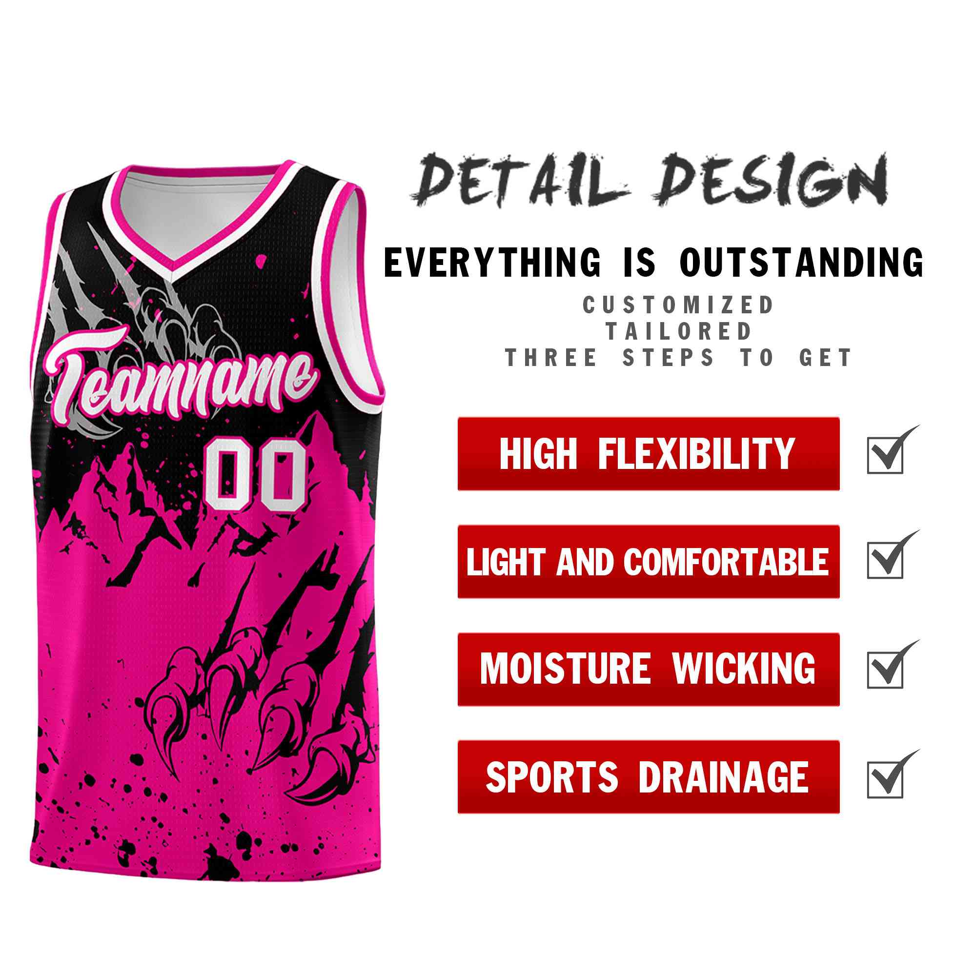 Custom Black Pink Snow Mountain Beast Pattern Sports Uniform Basketball Jersey