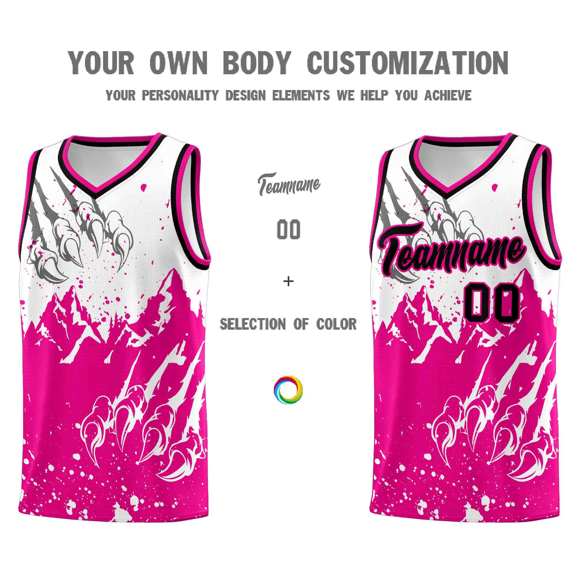 Custom White Pink Snow Mountain Beast Pattern Sports Uniform Basketball Jersey