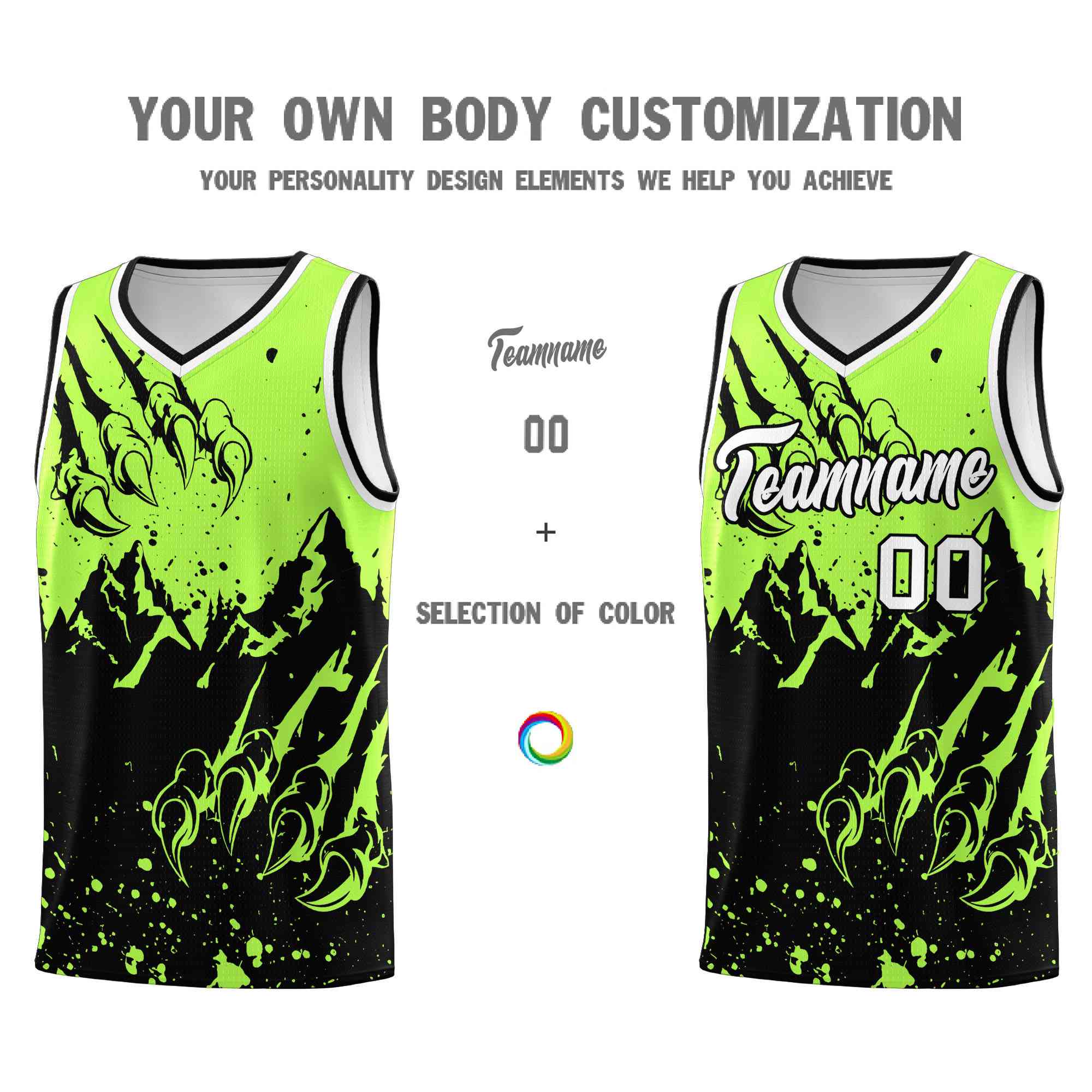 Custom Fluorescent Green Black Snow Mountain Beast Pattern Sports Uniform Basketball Jersey