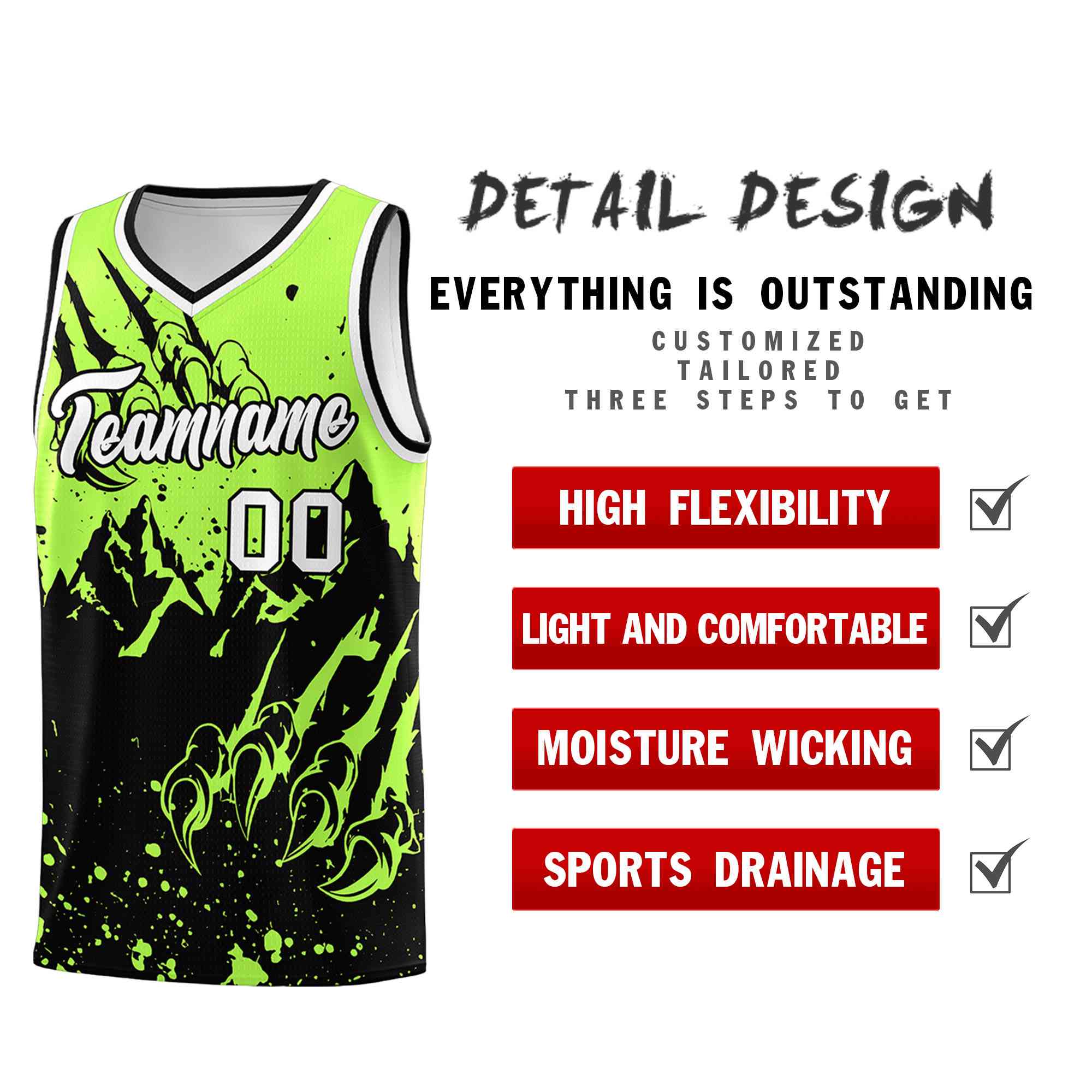 Custom Fluorescent Green Black Snow Mountain Beast Pattern Sports Uniform Basketball Jersey