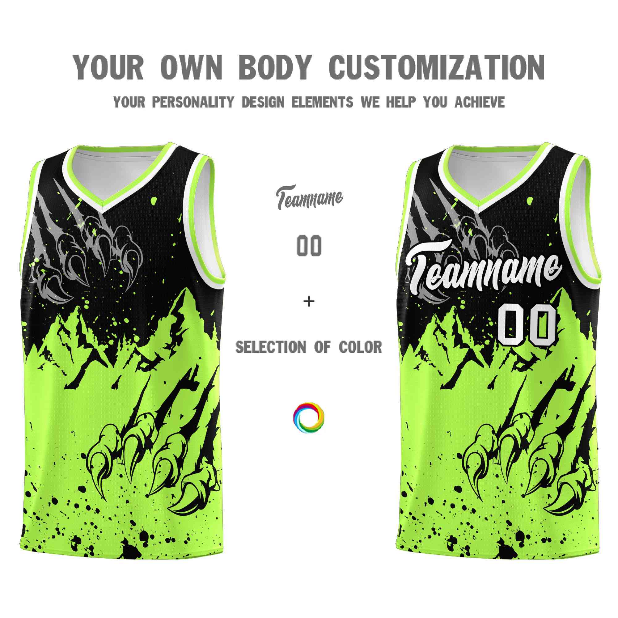 Custom Black Fluorescent Green Snow Mountain Beast Pattern Sports Uniform Basketball Jersey