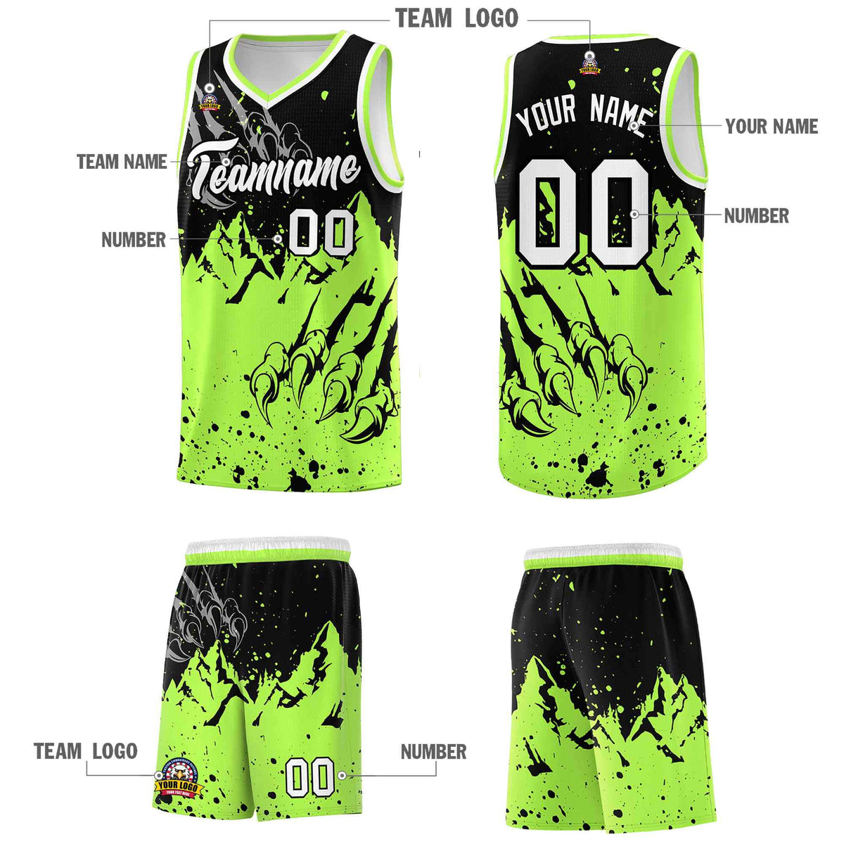 Custom Black Fluorescent Green Snow Mountain Beast Pattern Sports Uniform Basketball Jersey
