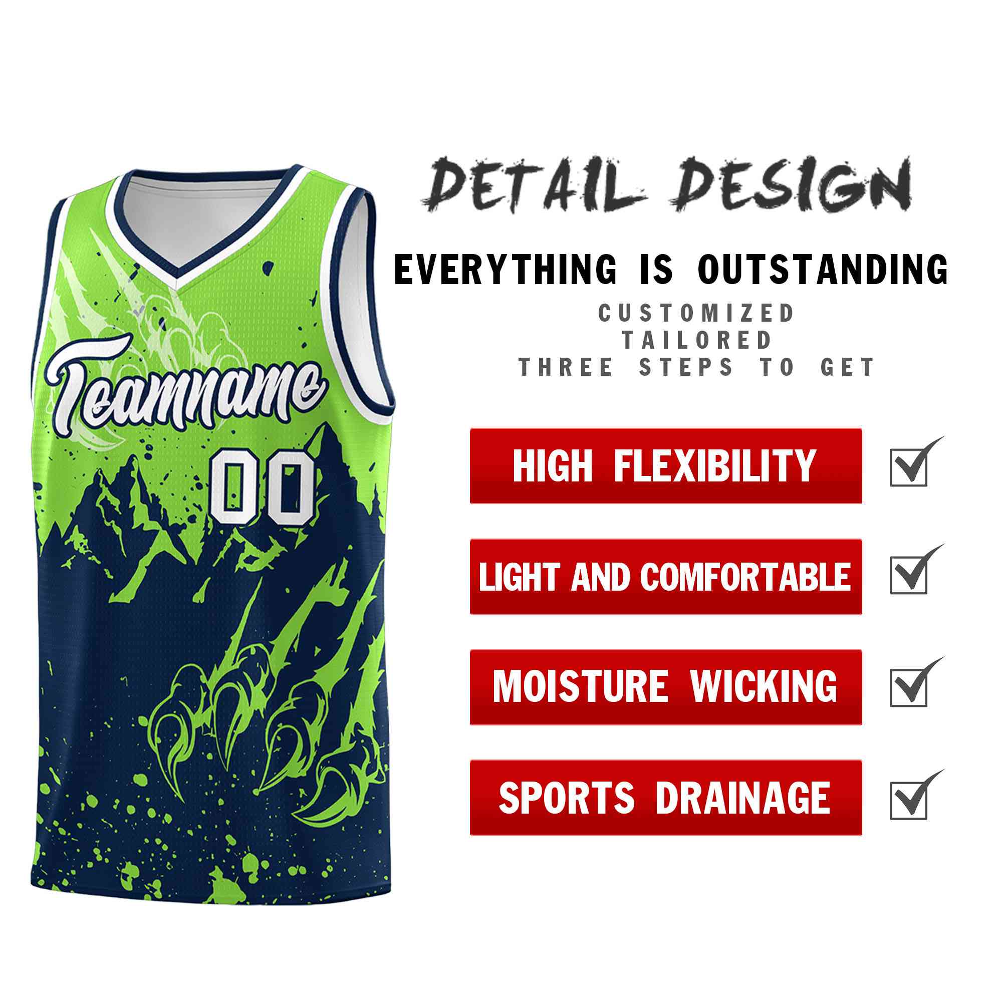 Custom Fluorescent Green Navy Snow Mountain Beast Pattern Sports Uniform Basketball Jersey