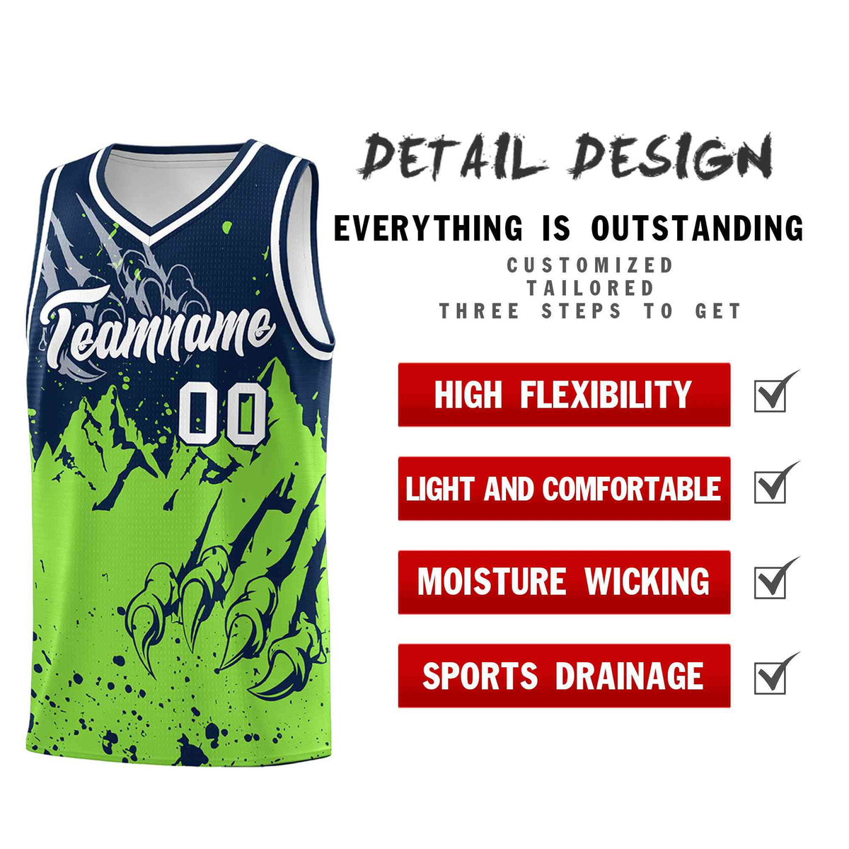 Custom Navy Fluorescent Green Snow Mountain Beast Pattern Sports Uniform Basketball Jersey