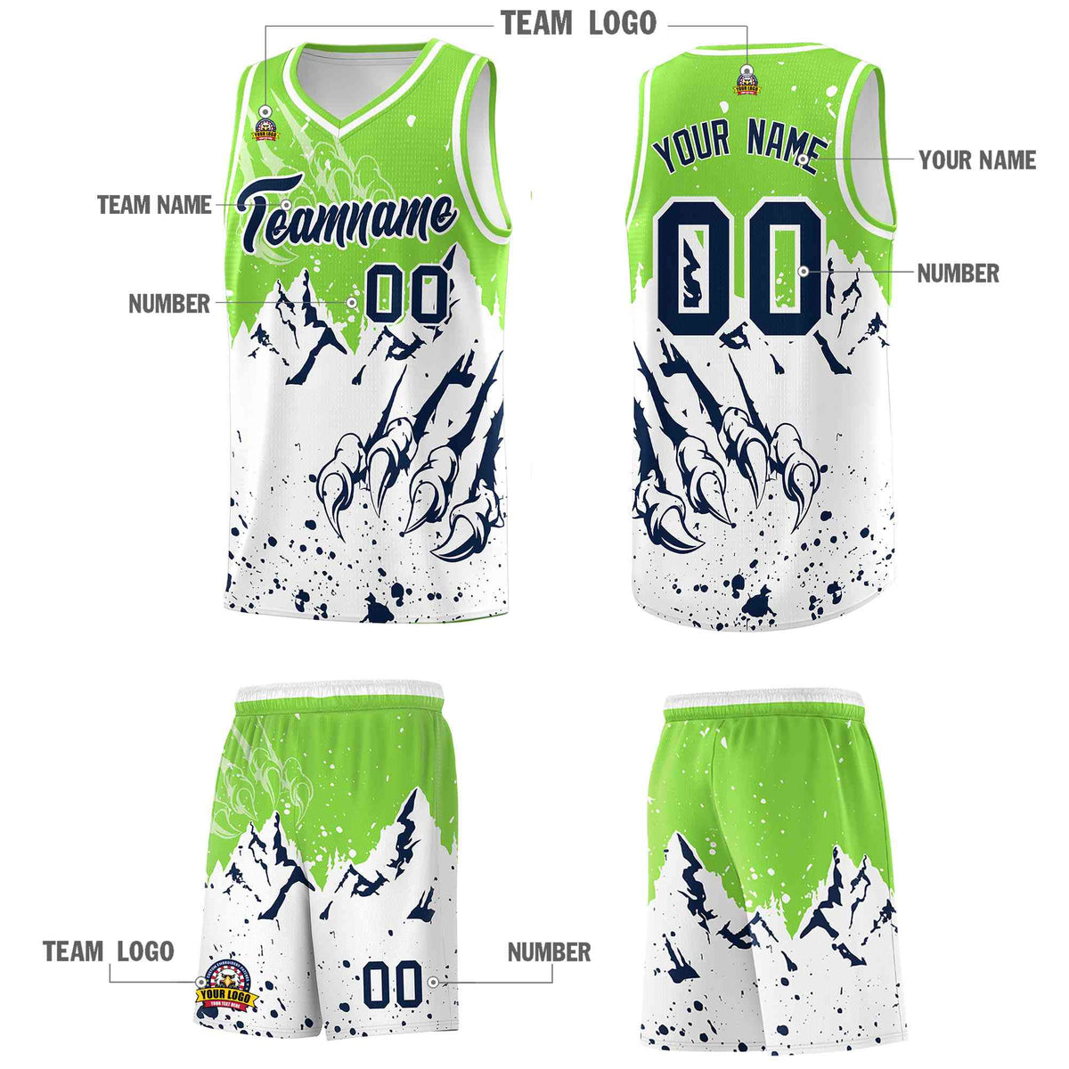 Custom Fluorescent Green White Snow Mountain Beast Pattern Sports Uniform Basketball Jersey