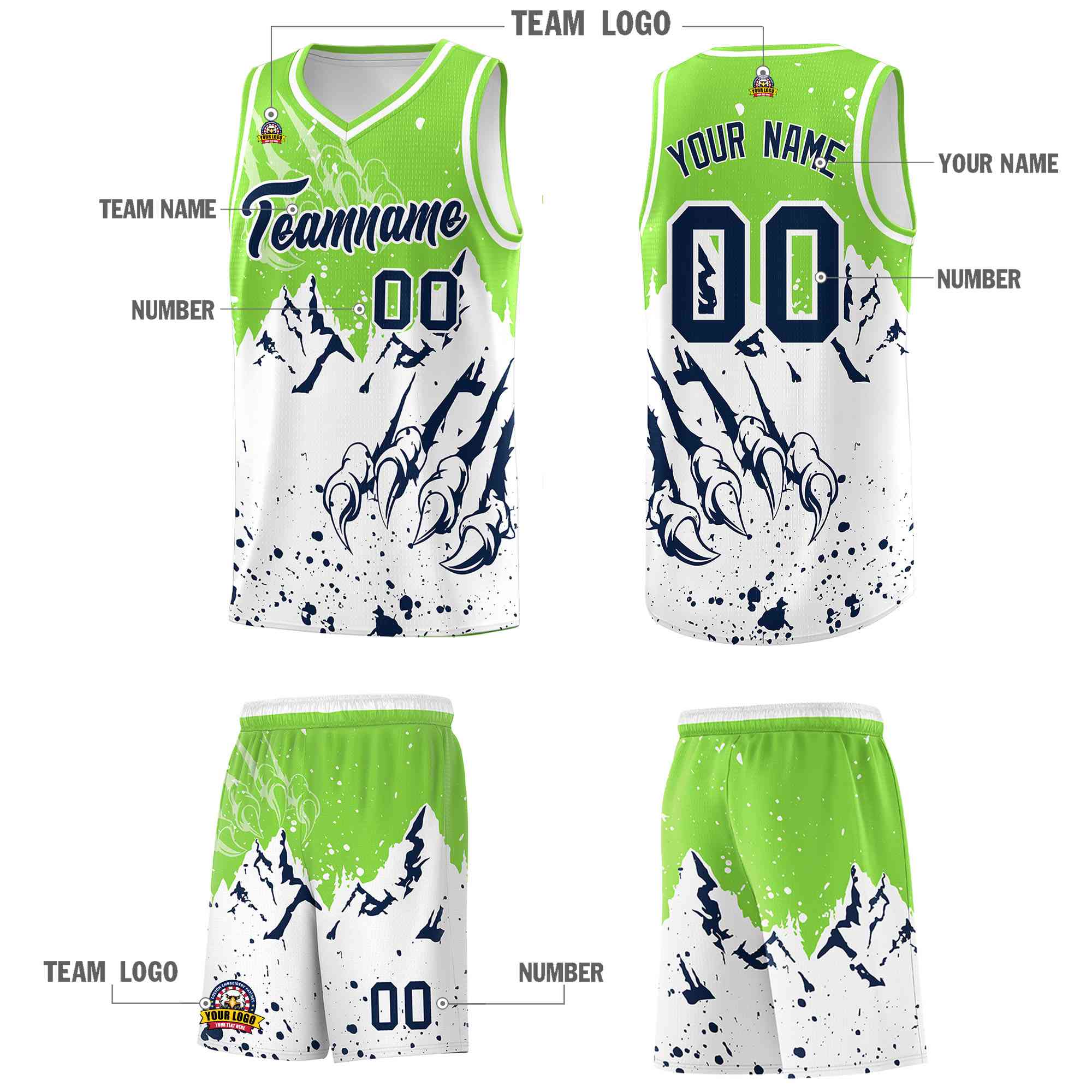 Custom Fluorescent Green White Snow Mountain Beast Pattern Sports Uniform Basketball Jersey