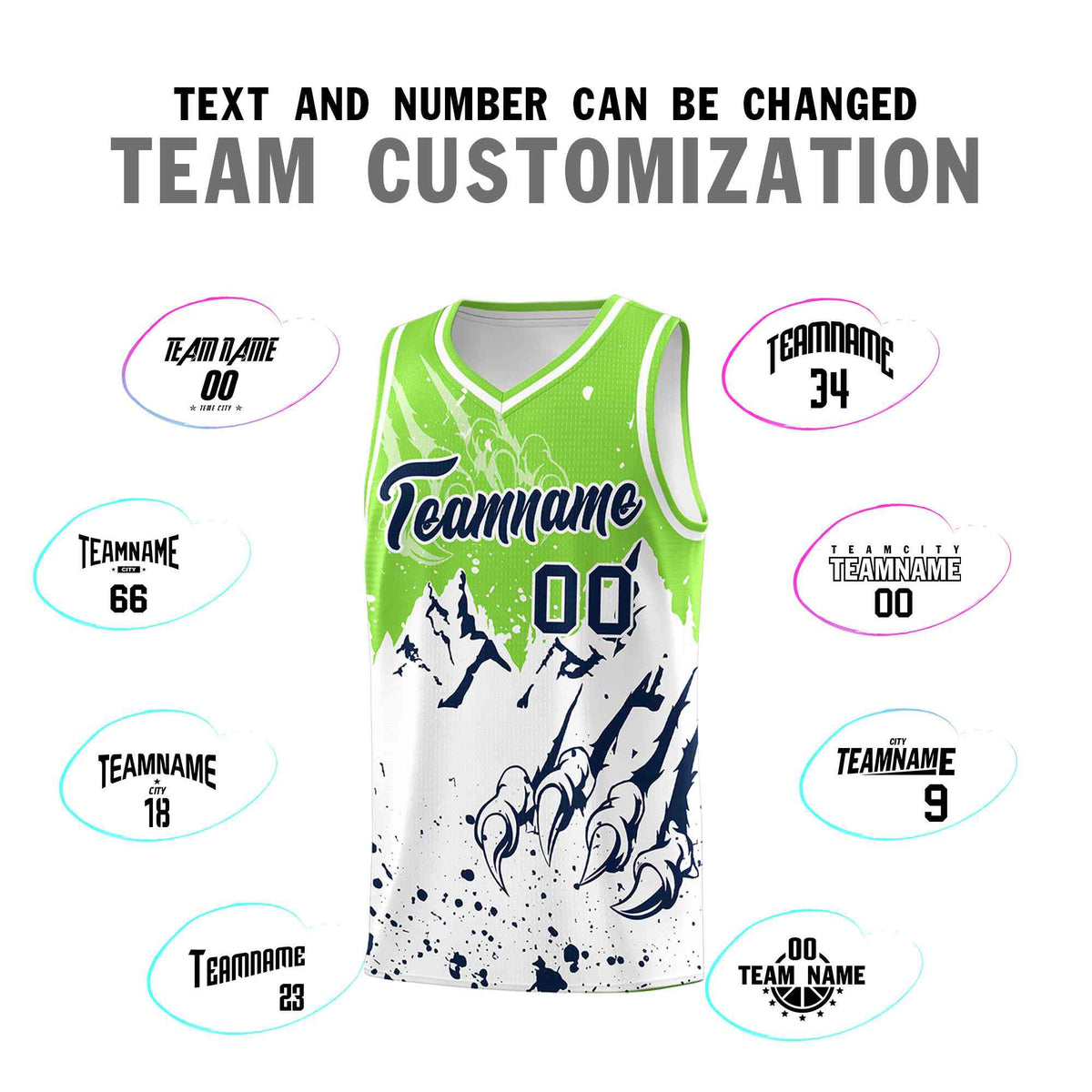 Custom Fluorescent Green White Snow Mountain Beast Pattern Sports Uniform Basketball Jersey