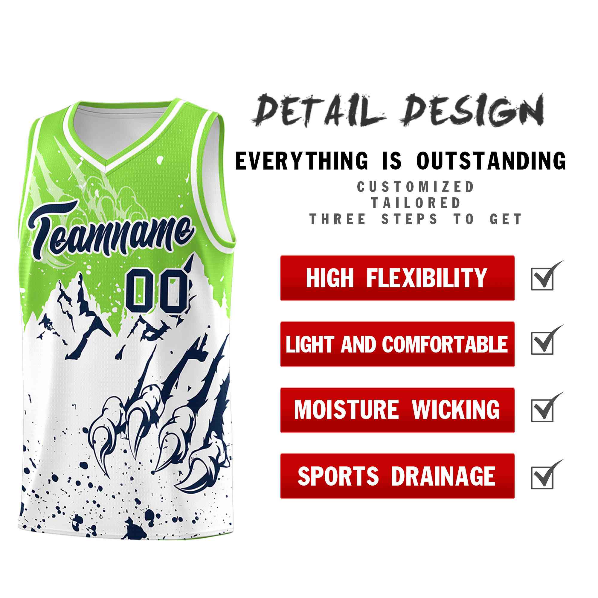 Custom Fluorescent Green White Snow Mountain Beast Pattern Sports Uniform Basketball Jersey