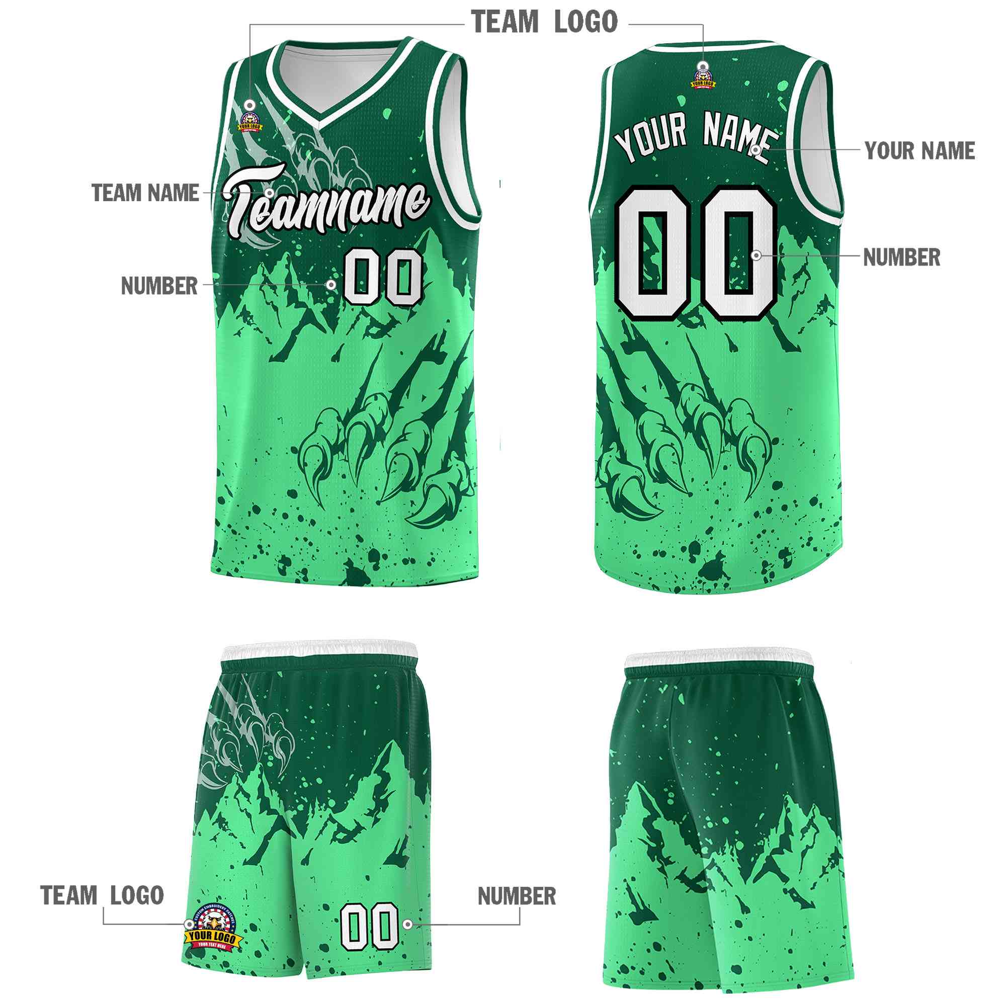 Custom Kelly Green Green Snow Mountain Beast Pattern Sports Uniform Basketball Jersey