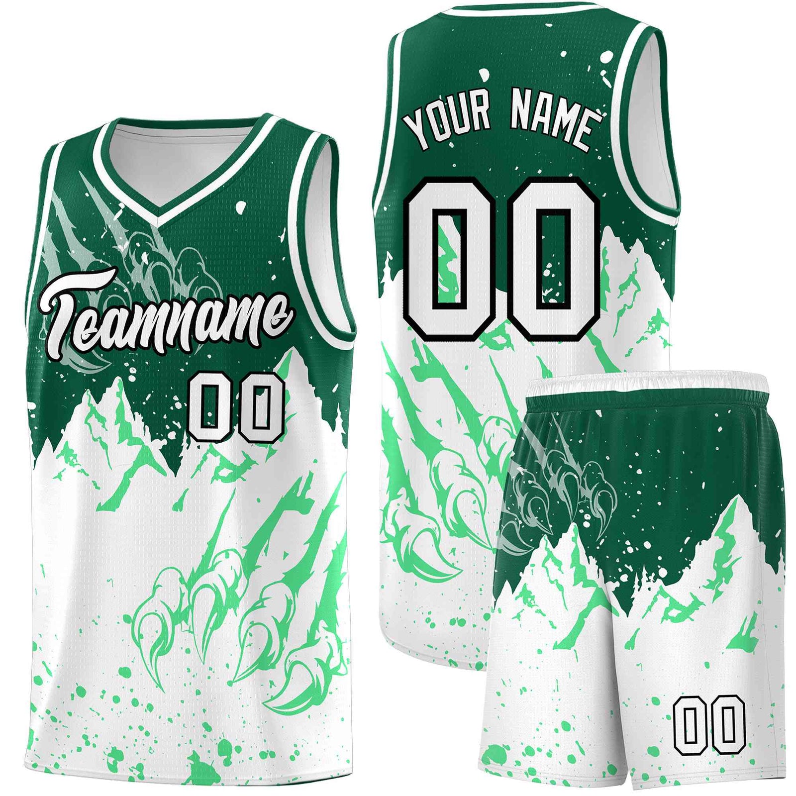 Custom Kelly Green White Snow Mountain Beast Pattern Sports Uniform Basketball Jersey
