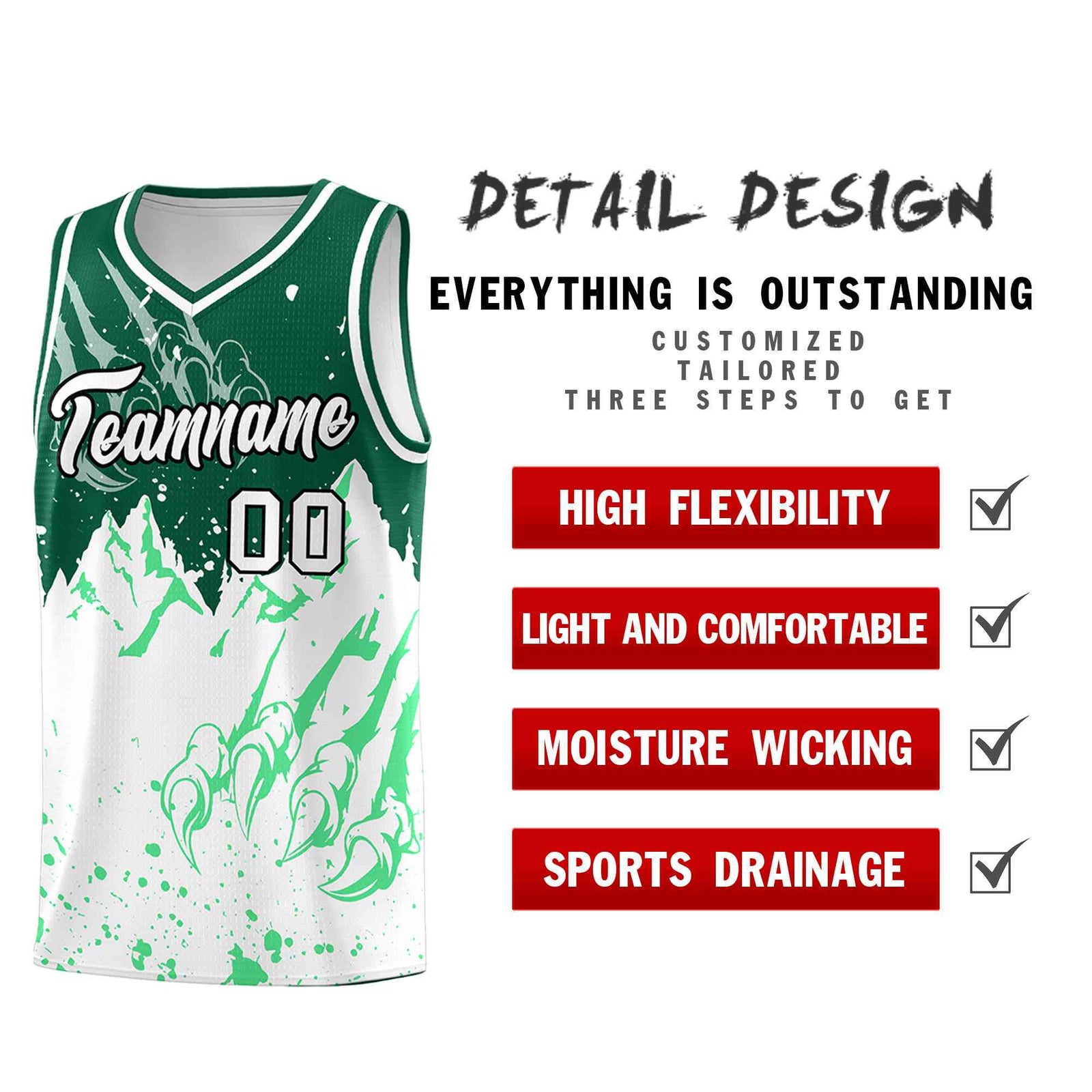 Custom Kelly Green White Snow Mountain Beast Pattern Sports Uniform Basketball Jersey