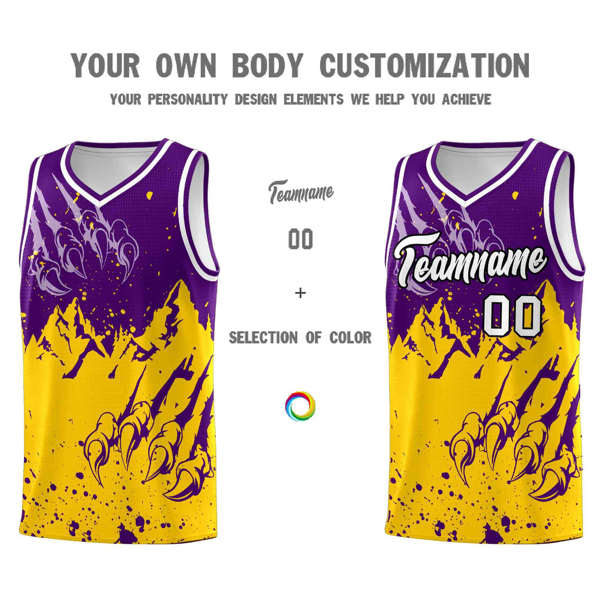 Custom Purple Gold Snow Mountain Beast Pattern Sports Uniform Basketball Jersey