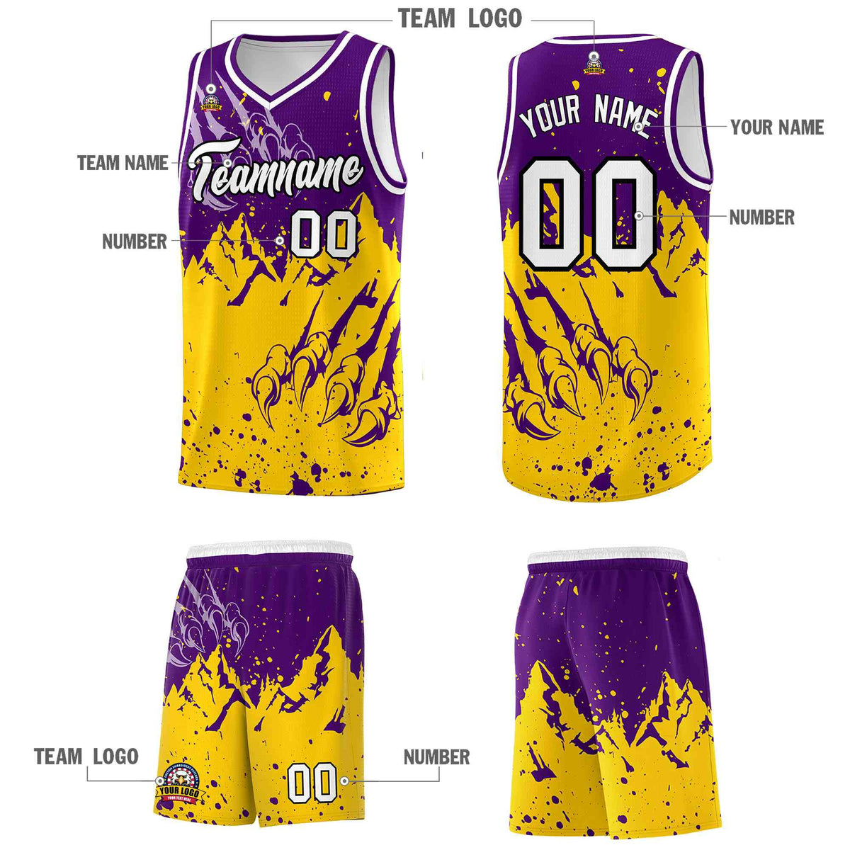 Custom Purple Gold Snow Mountain Beast Pattern Sports Uniform Basketball Jersey