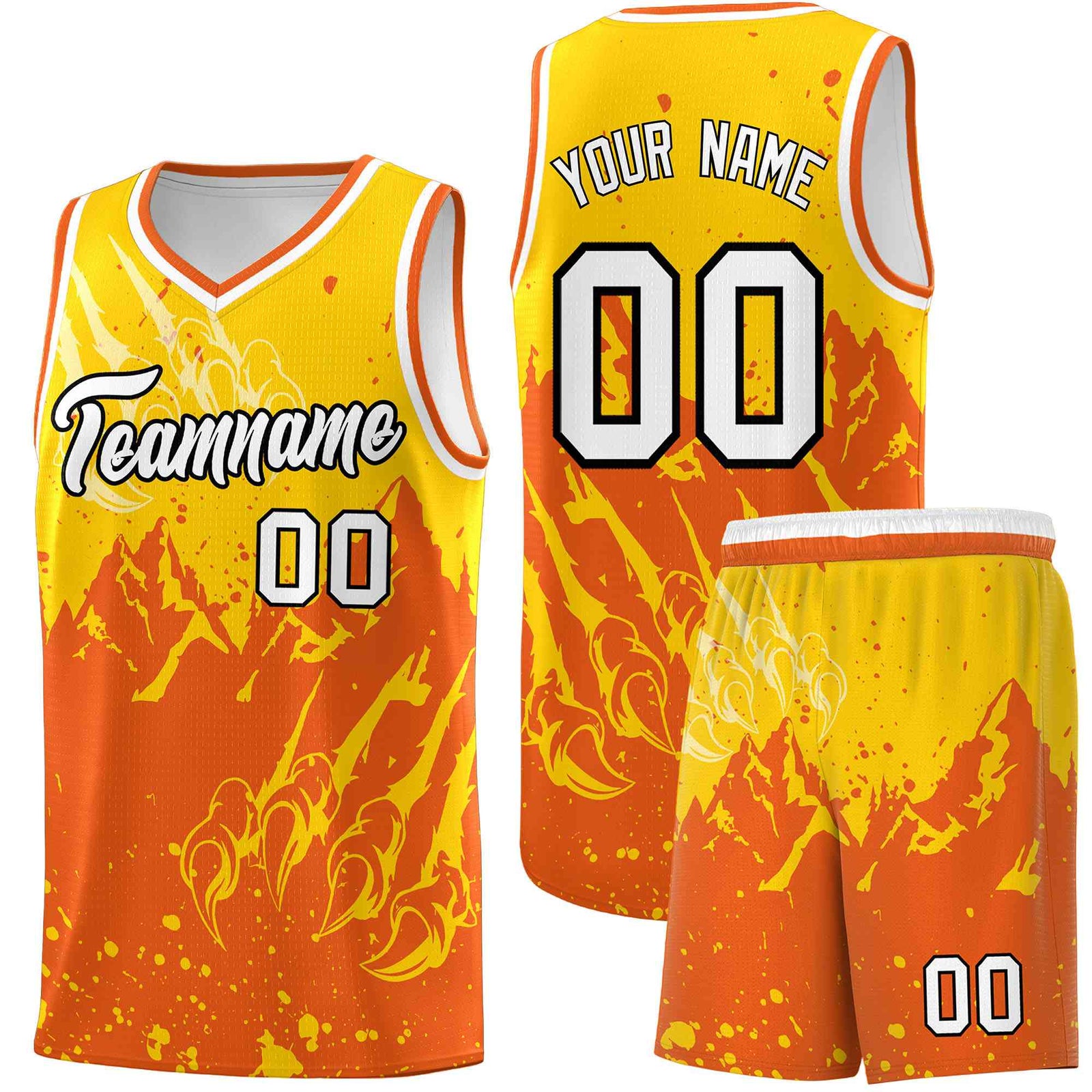 Custom Gold Orange Snow Mountain Beast Pattern Sports Uniform Basketball Jersey