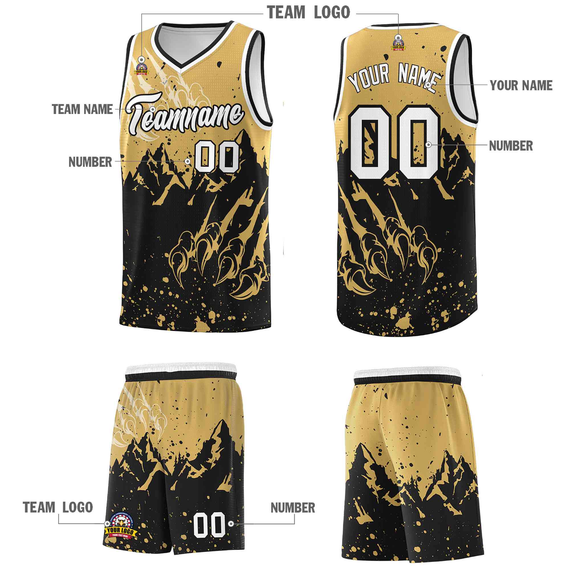 Custom Old Gold Black Snow Mountain Beast Pattern Sports Uniform Basketball Jersey