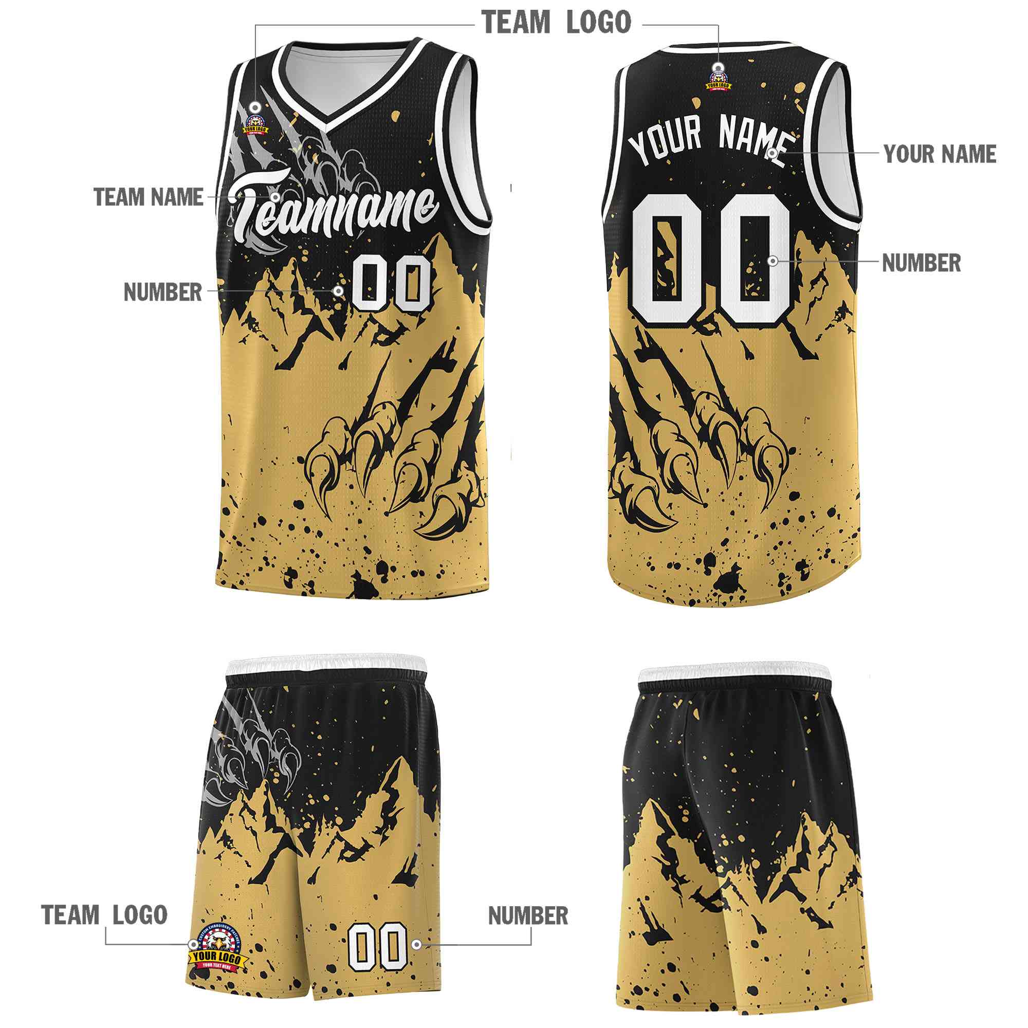 Custom Black Old Gold Snow Mountain Beast Pattern Sports Uniform Basketball Jersey