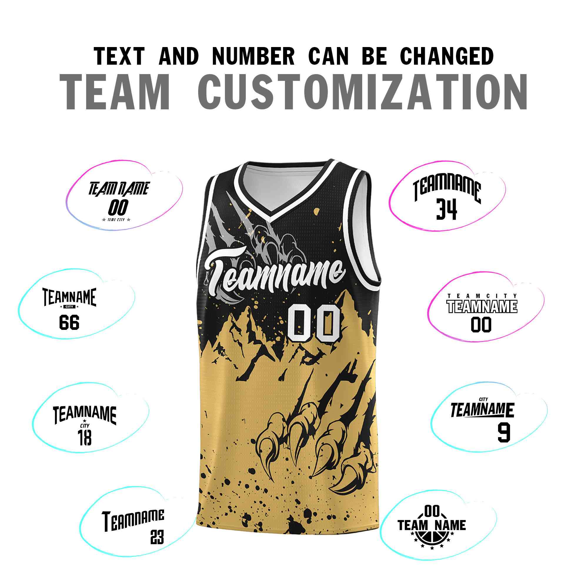Custom Black Old Gold Snow Mountain Beast Pattern Sports Uniform Basketball Jersey