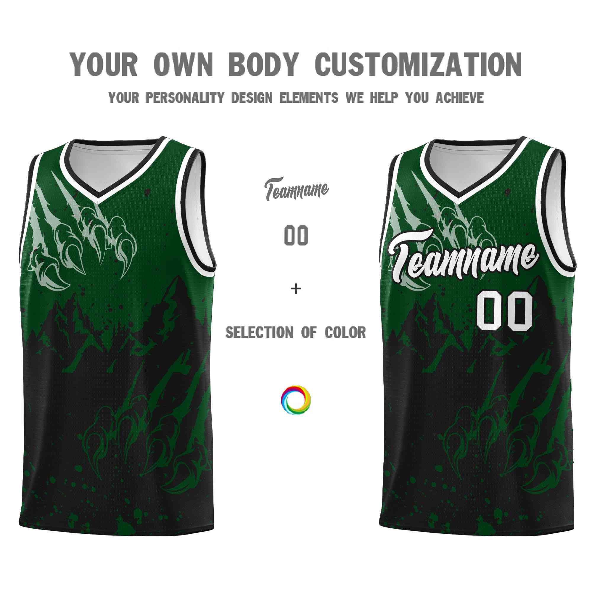 Custom Green Black Snow Mountain Beast Pattern Sports Uniform Basketball Jersey