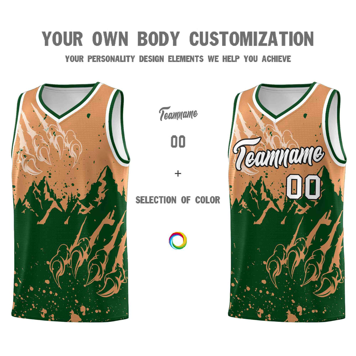 Custom Buckskin Brown Green Snow Mountain Beast Pattern Sports Uniform Basketball Jersey