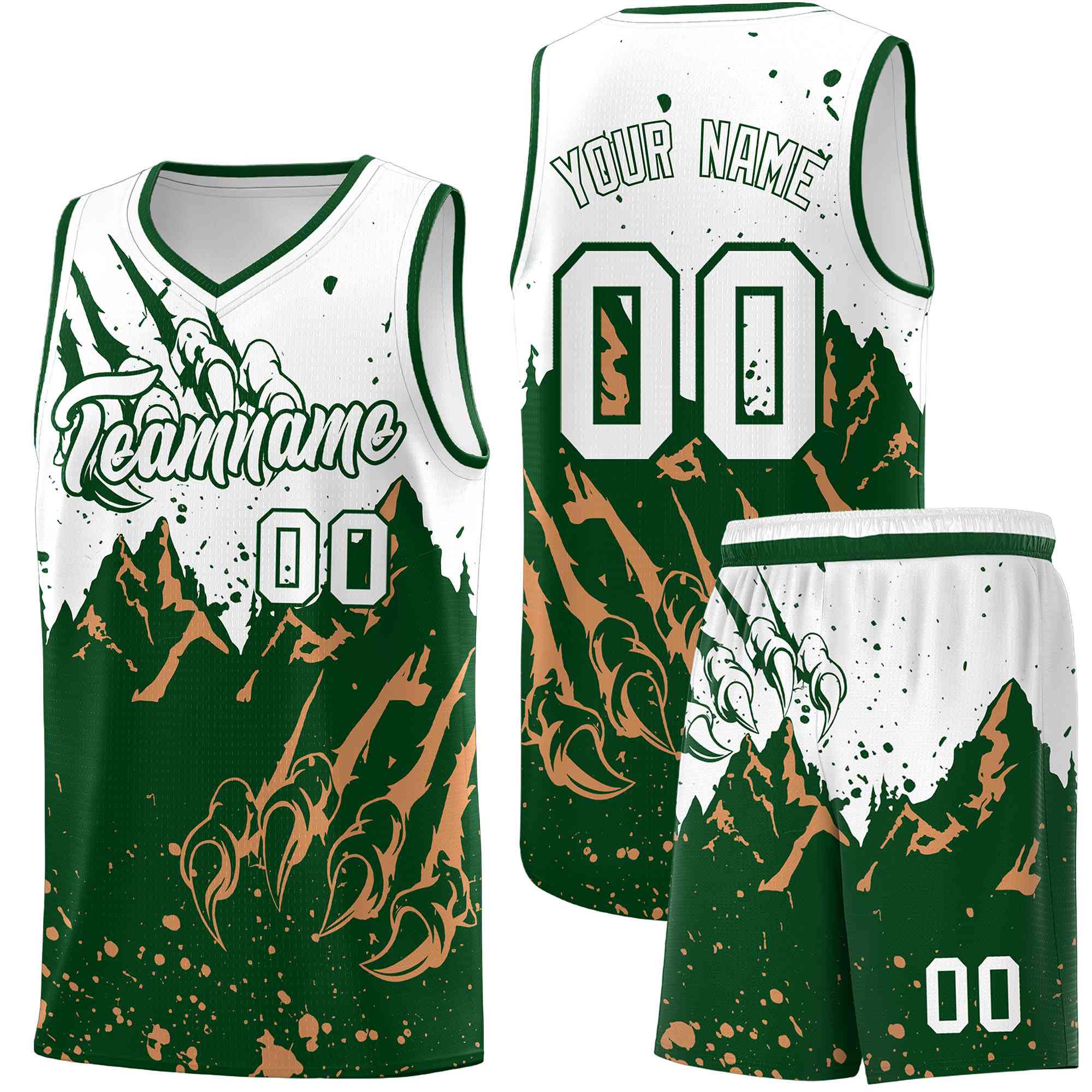 Custom White Green Snow Mountain Beast Pattern Sports Uniform Basketball Jersey