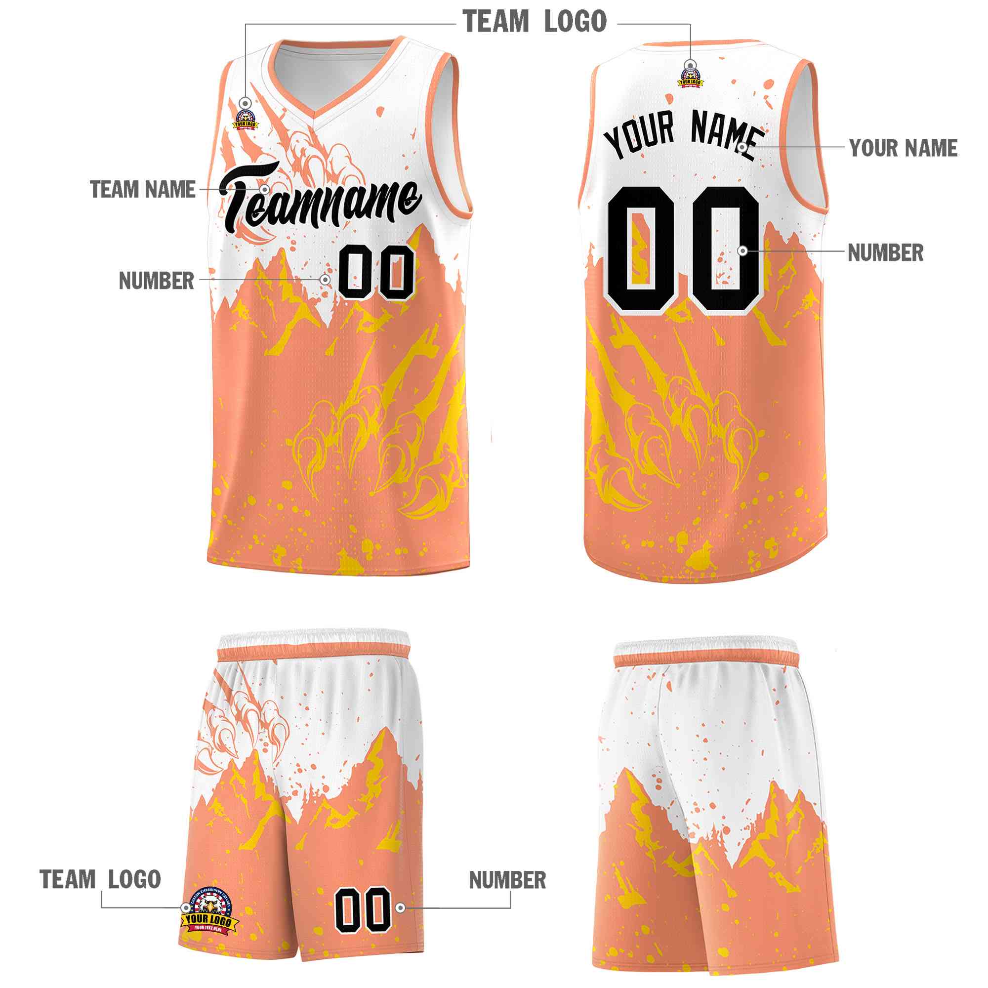 Custom White Light Orange Snow Mountain Beast Pattern Sports Uniform Basketball Jersey