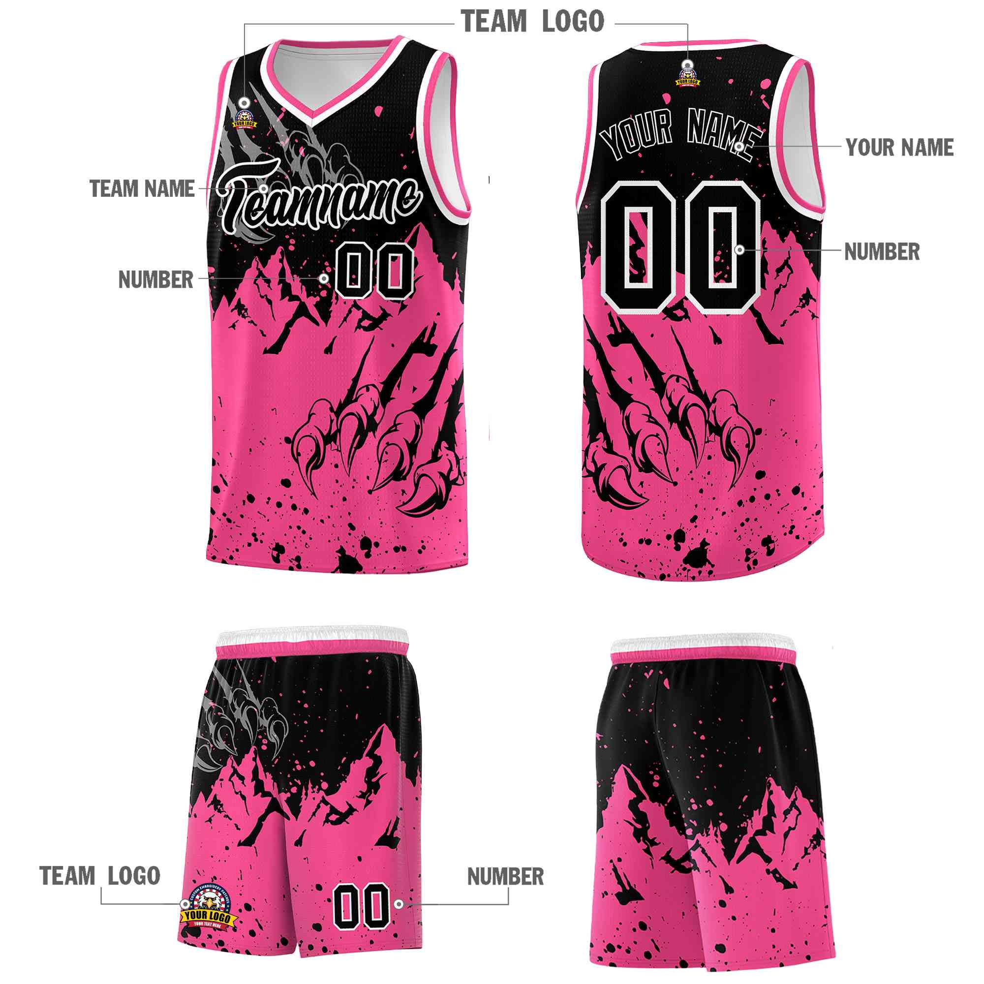 Custom Black Pink Snow Mountain Beast Pattern Sports Uniform Basketball Jersey