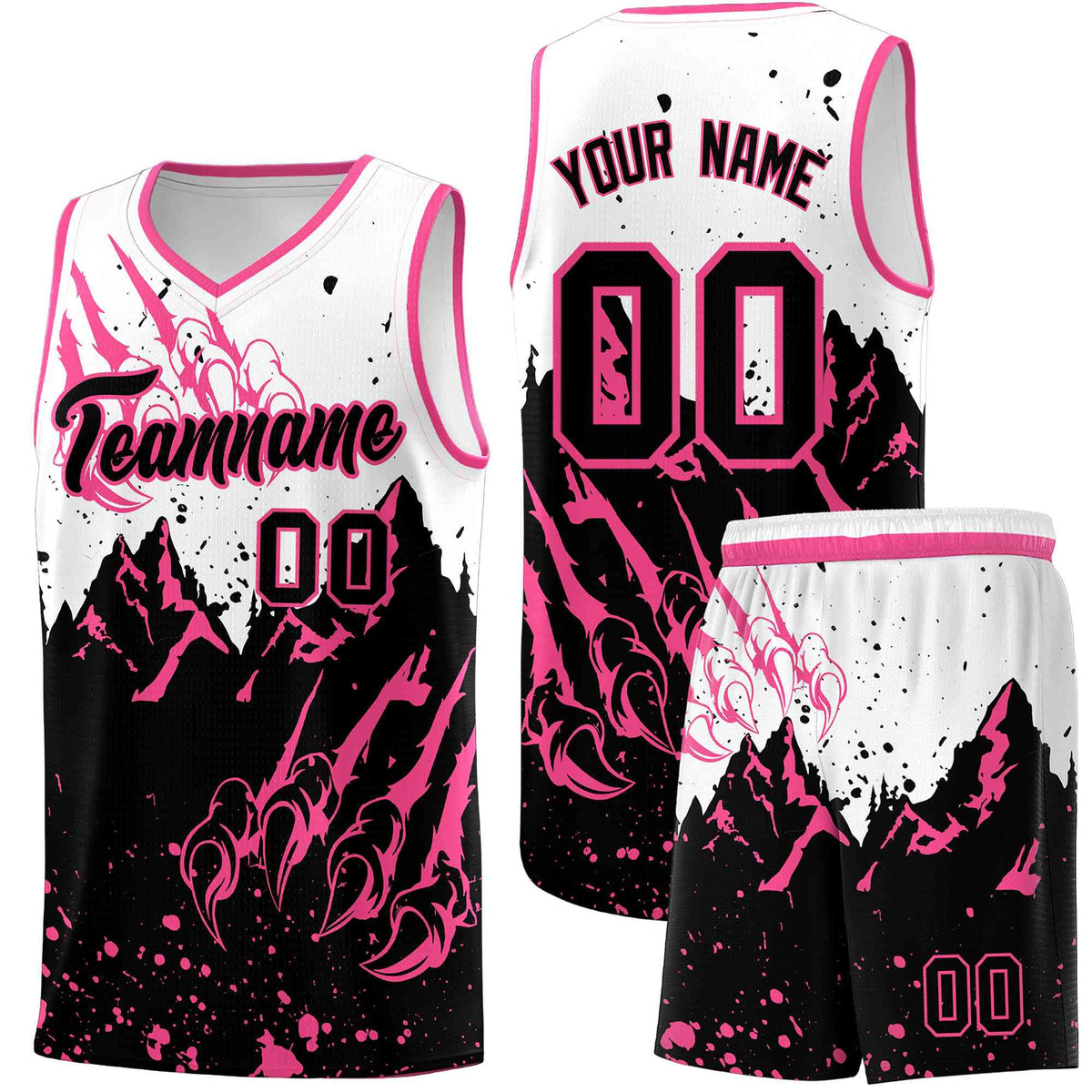 Custom White Pink Snow Mountain Beast Pattern Sports Uniform Basketball Jersey