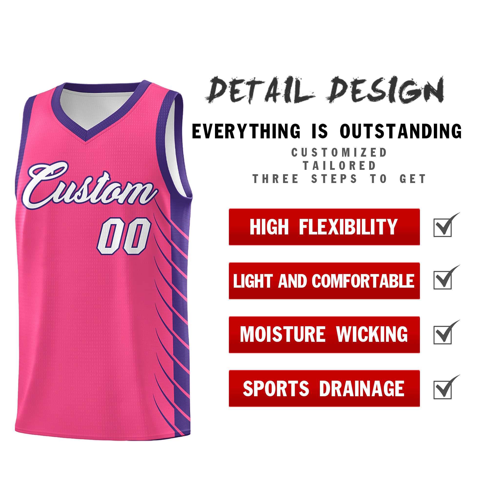 Custom Pink Purple Personalized Side Symmetrical Line Pattern Sports Uniform Basketball Jersey