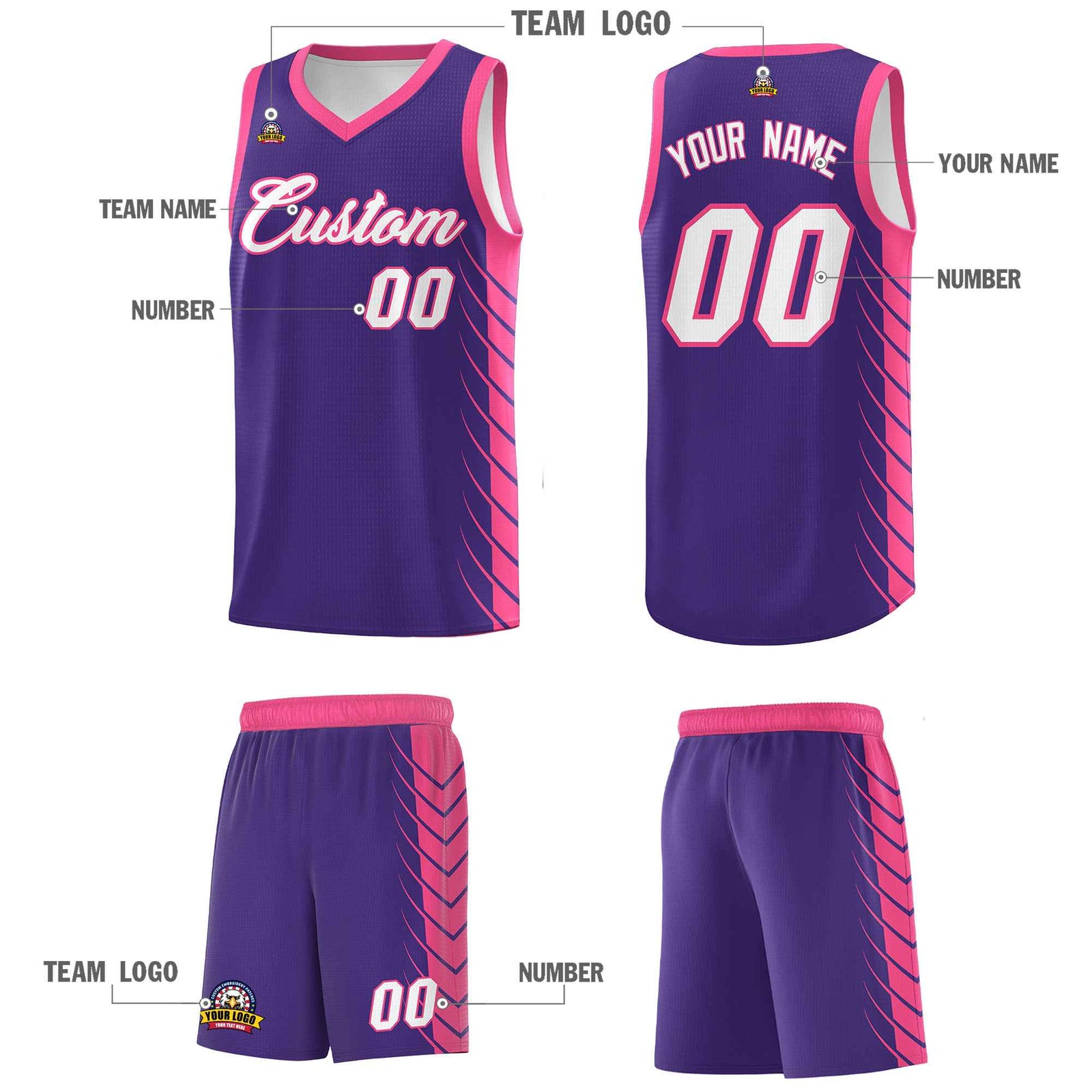 Custom Purple Pink Personalized Side Symmetrical Line Pattern Sports Uniform Basketball Jersey