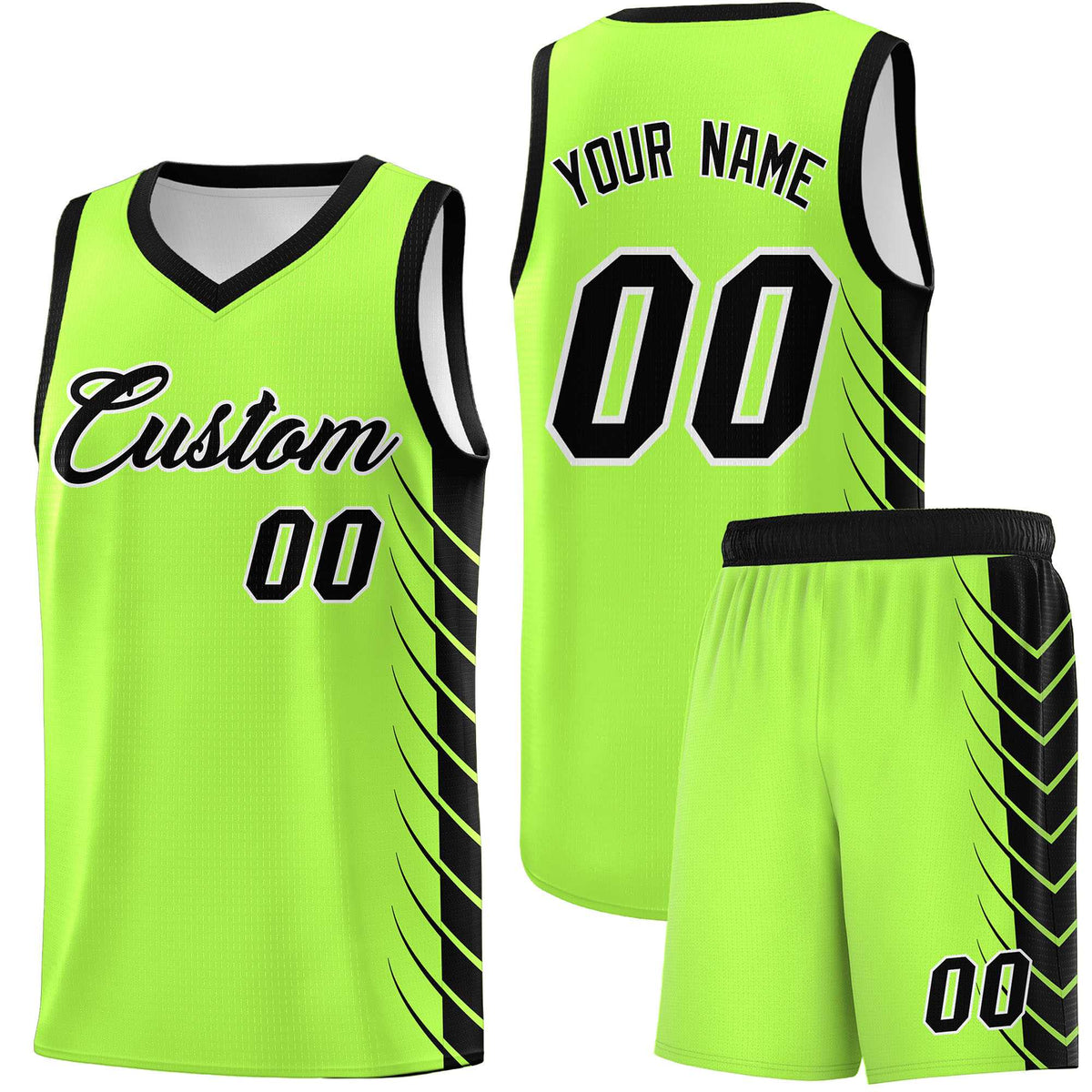 Custom Fluorescent Green Black Personalized Side Symmetrical Line Pattern Sports Uniform Basketball Jersey