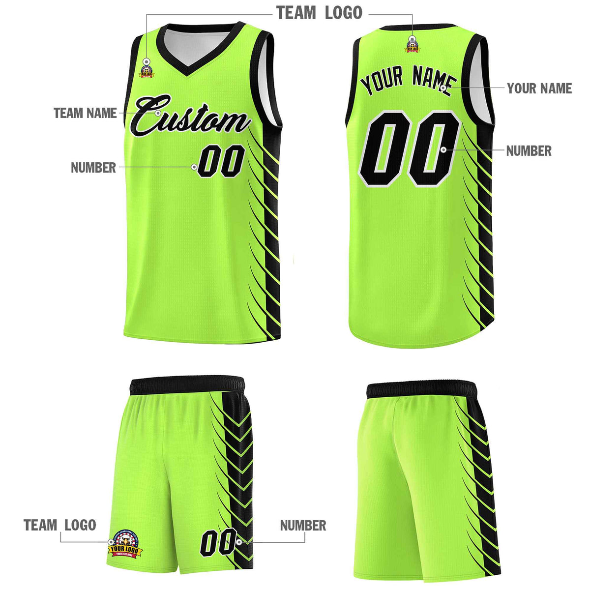Custom Fluorescent Green Black Personalized Side Symmetrical Line Pattern Sports Uniform Basketball Jersey