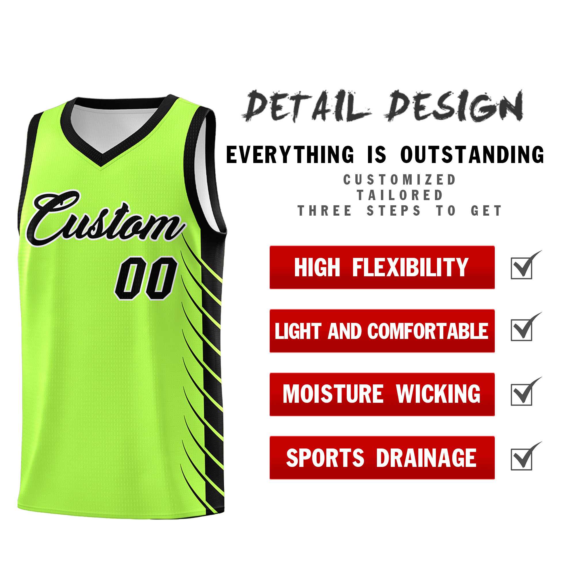 Custom Fluorescent Green Black Personalized Side Symmetrical Line Pattern Sports Uniform Basketball Jersey