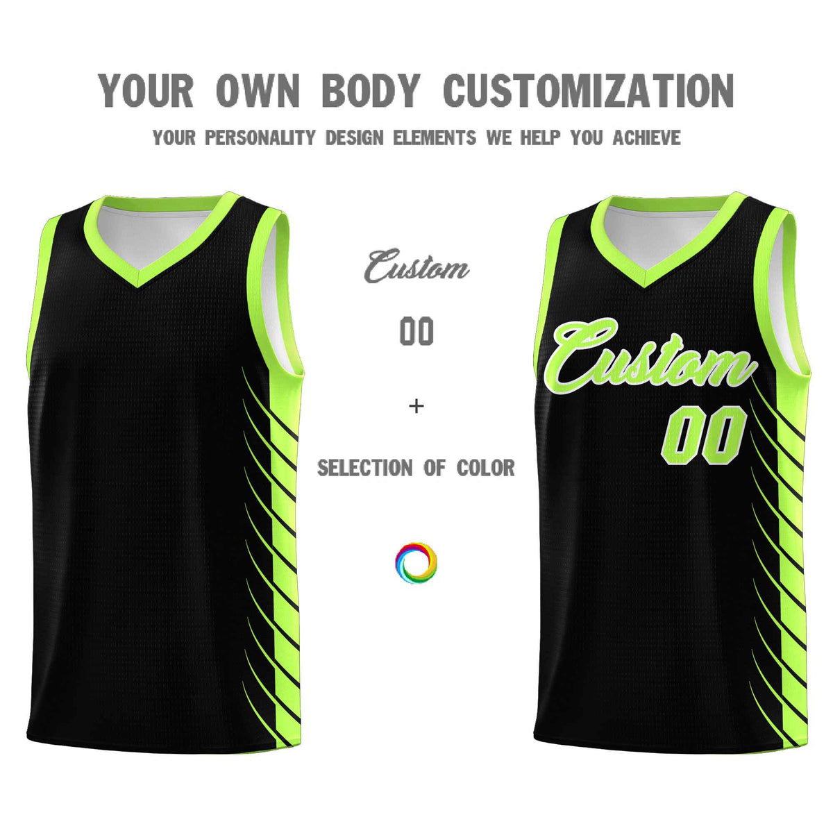 Custom Black Fluorescent Green Personalized Side Symmetrical Line Pattern Sports Uniform Basketball Jersey