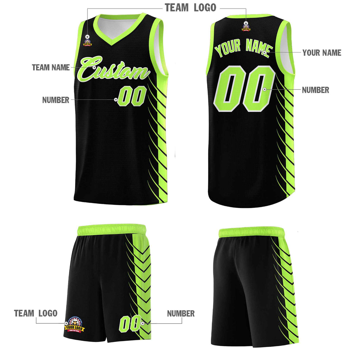 Custom Black Fluorescent Green Personalized Side Symmetrical Line Pattern Sports Uniform Basketball Jersey