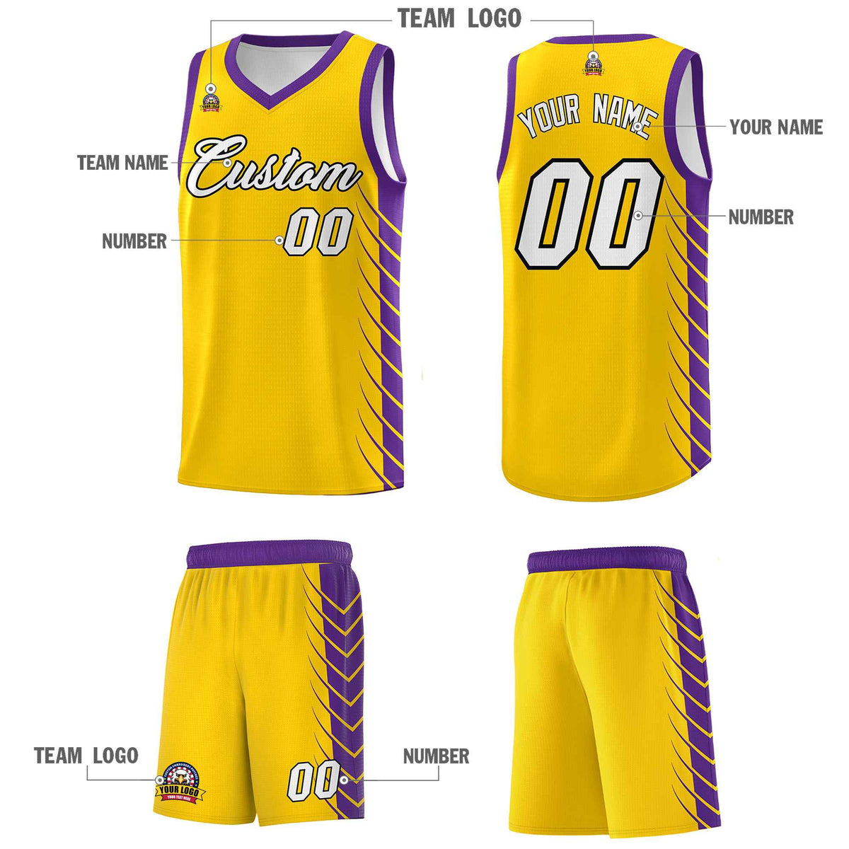 Custom Gold Purple Personalized Side Symmetrical Line Pattern Sports Uniform Basketball Jersey