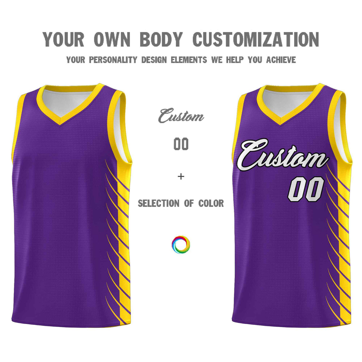 Custom Purple Gold Personalized Side Symmetrical Line Pattern Sports Uniform Basketball Jersey