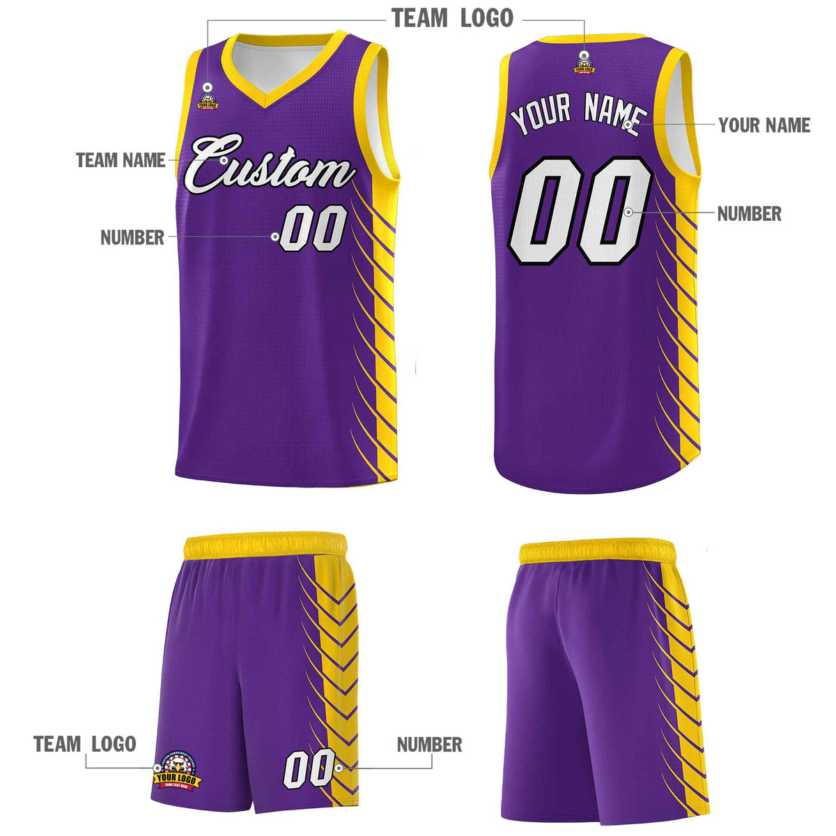 Custom Purple Gold Personalized Side Symmetrical Line Pattern Sports Uniform Basketball Jersey