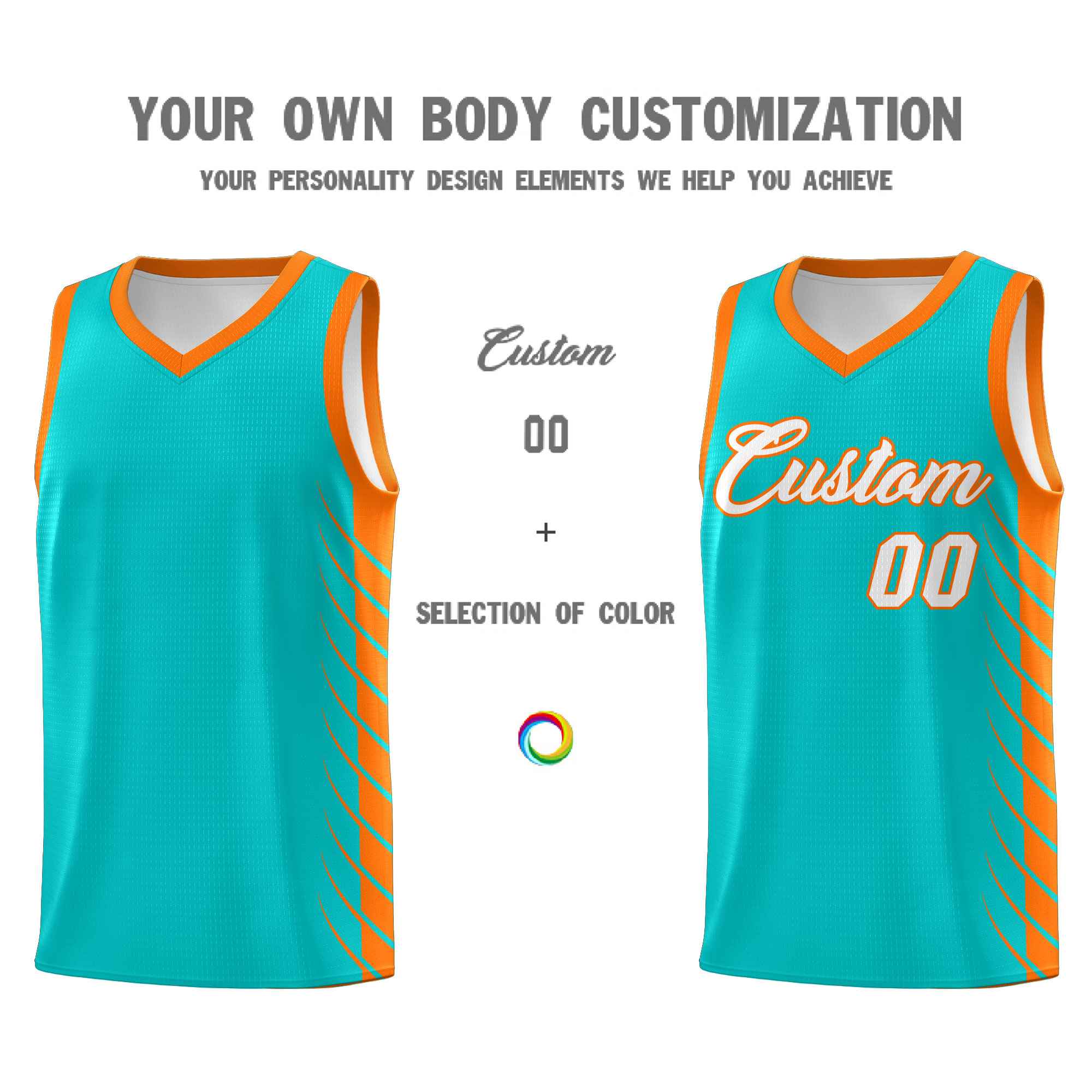 Custom Aqua Orange Personalized Side Symmetrical Line Pattern Sports Uniform Basketball Jersey