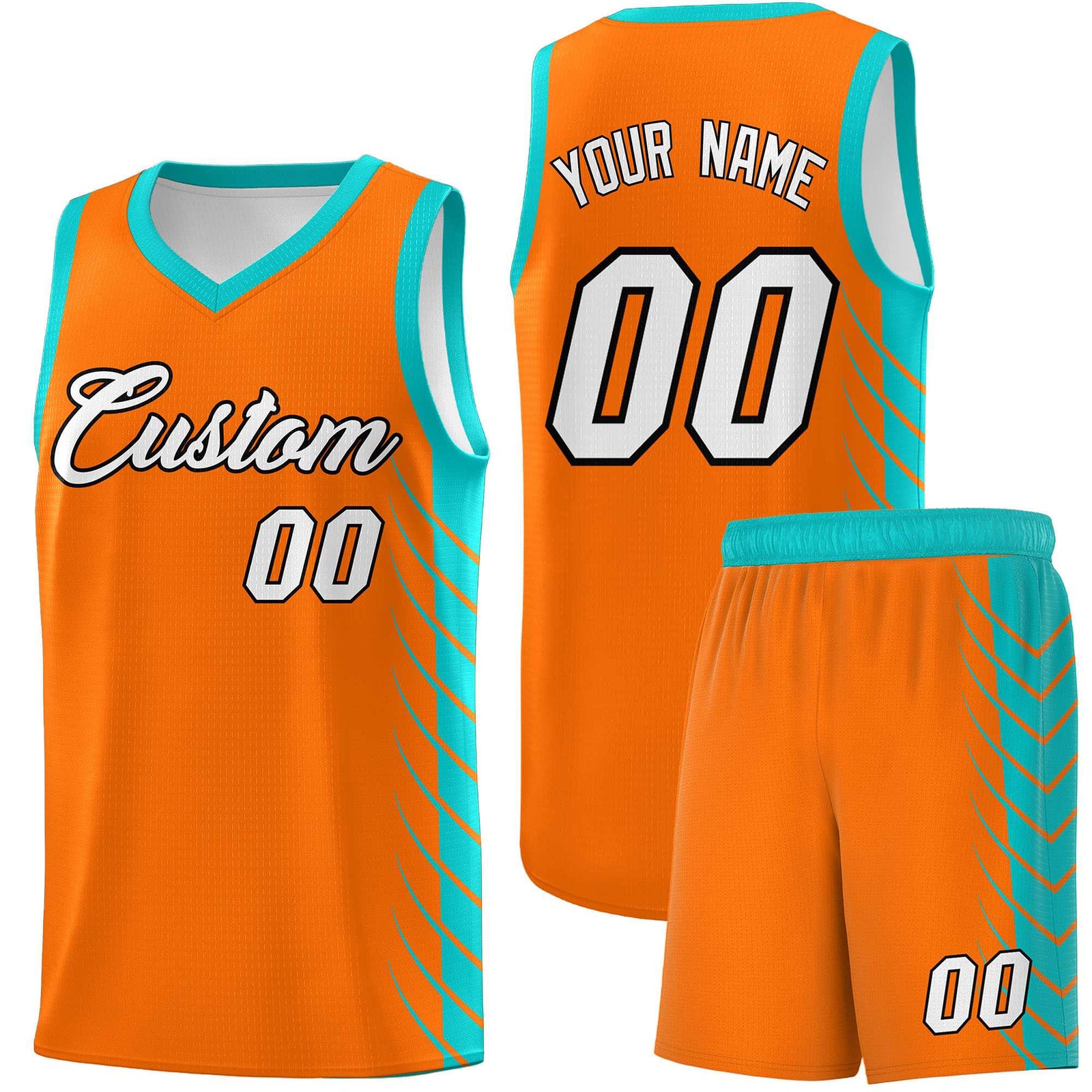 Custom Orange Aqua Personalized Side Symmetrical Line Pattern Sports Uniform Basketball Jersey
