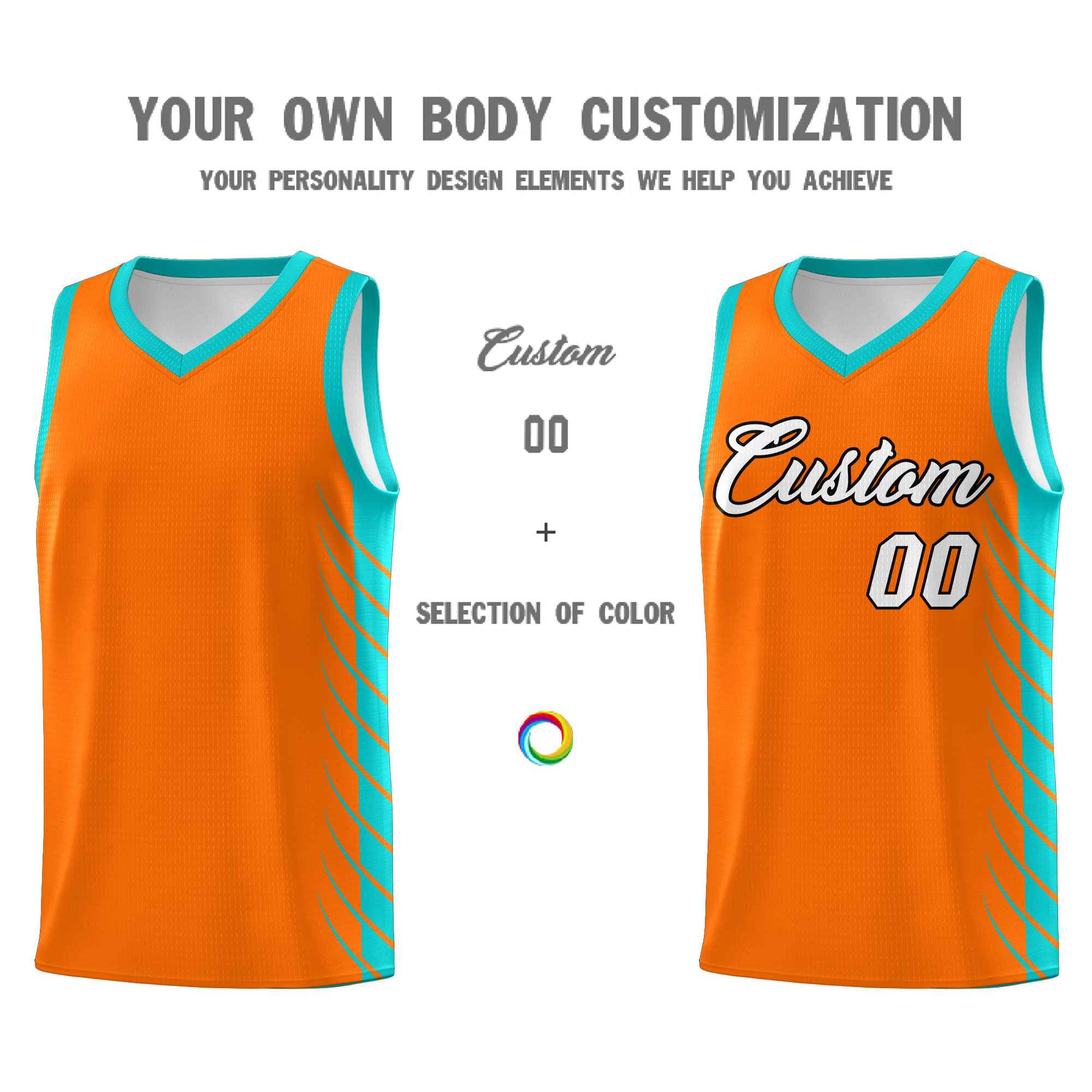Custom Orange Aqua Personalized Side Symmetrical Line Pattern Sports Uniform Basketball Jersey