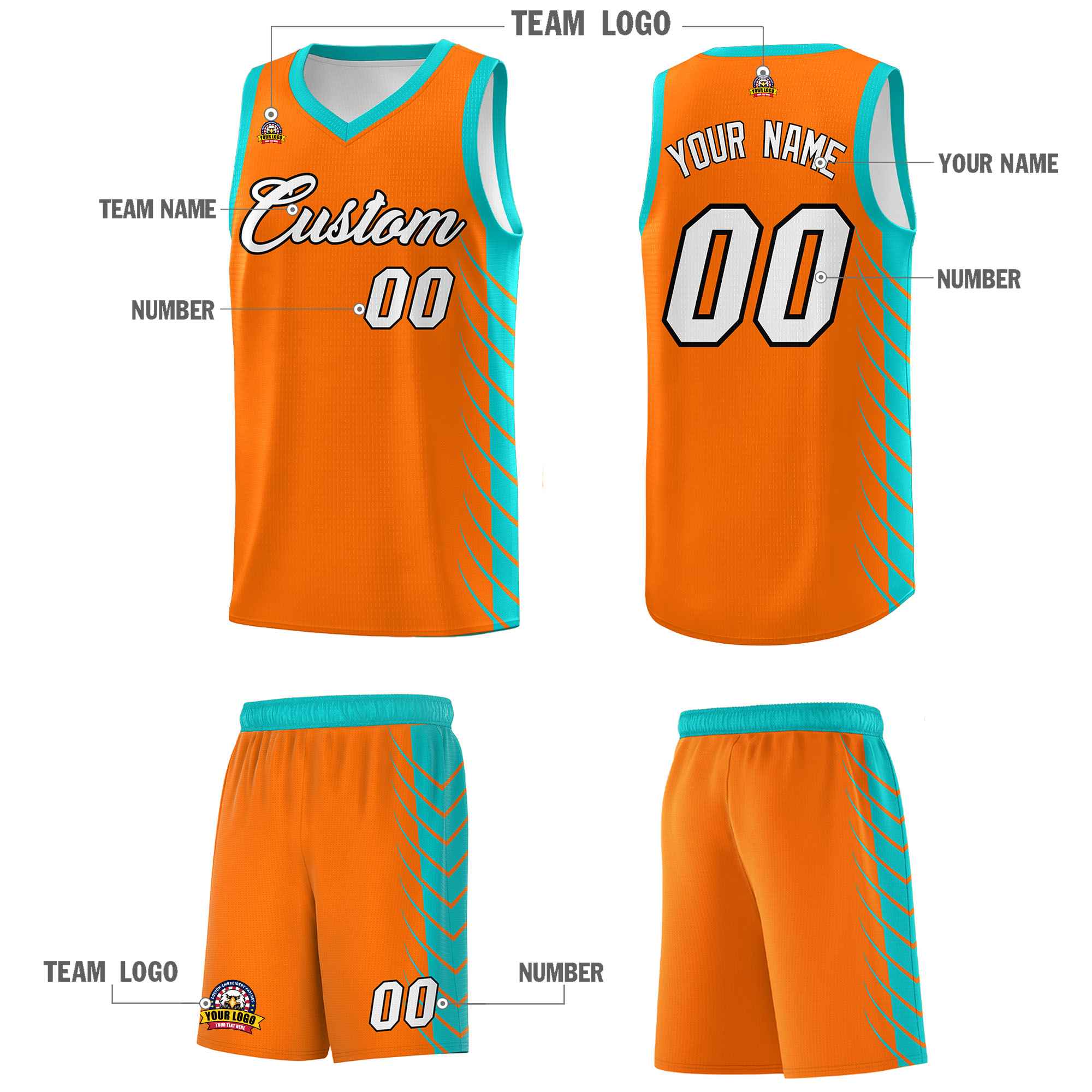 Custom Orange Aqua Personalized Side Symmetrical Line Pattern Sports Uniform Basketball Jersey